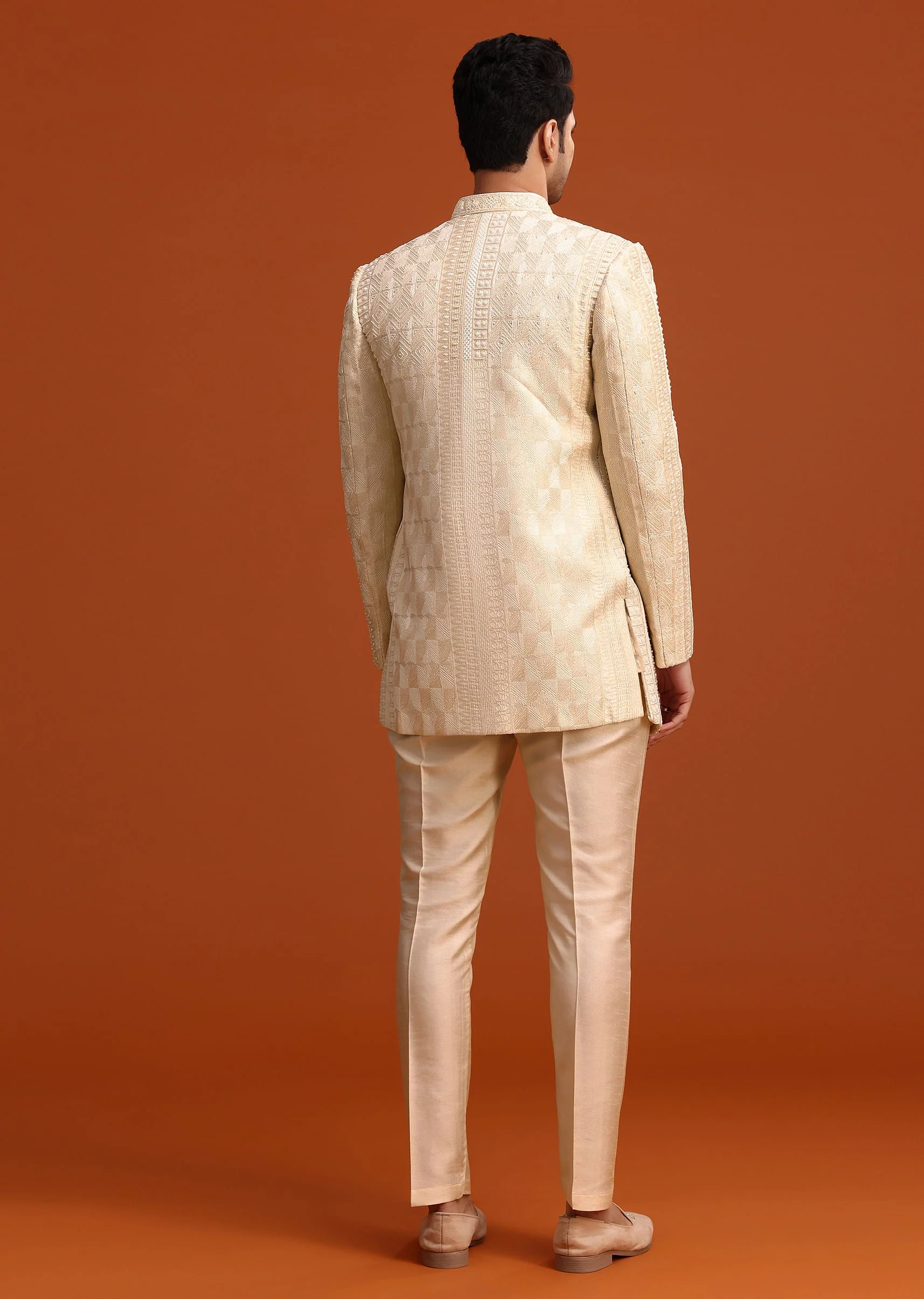Beige Silk Indo Western And Kurta Set With Zardozi Work - Image 5