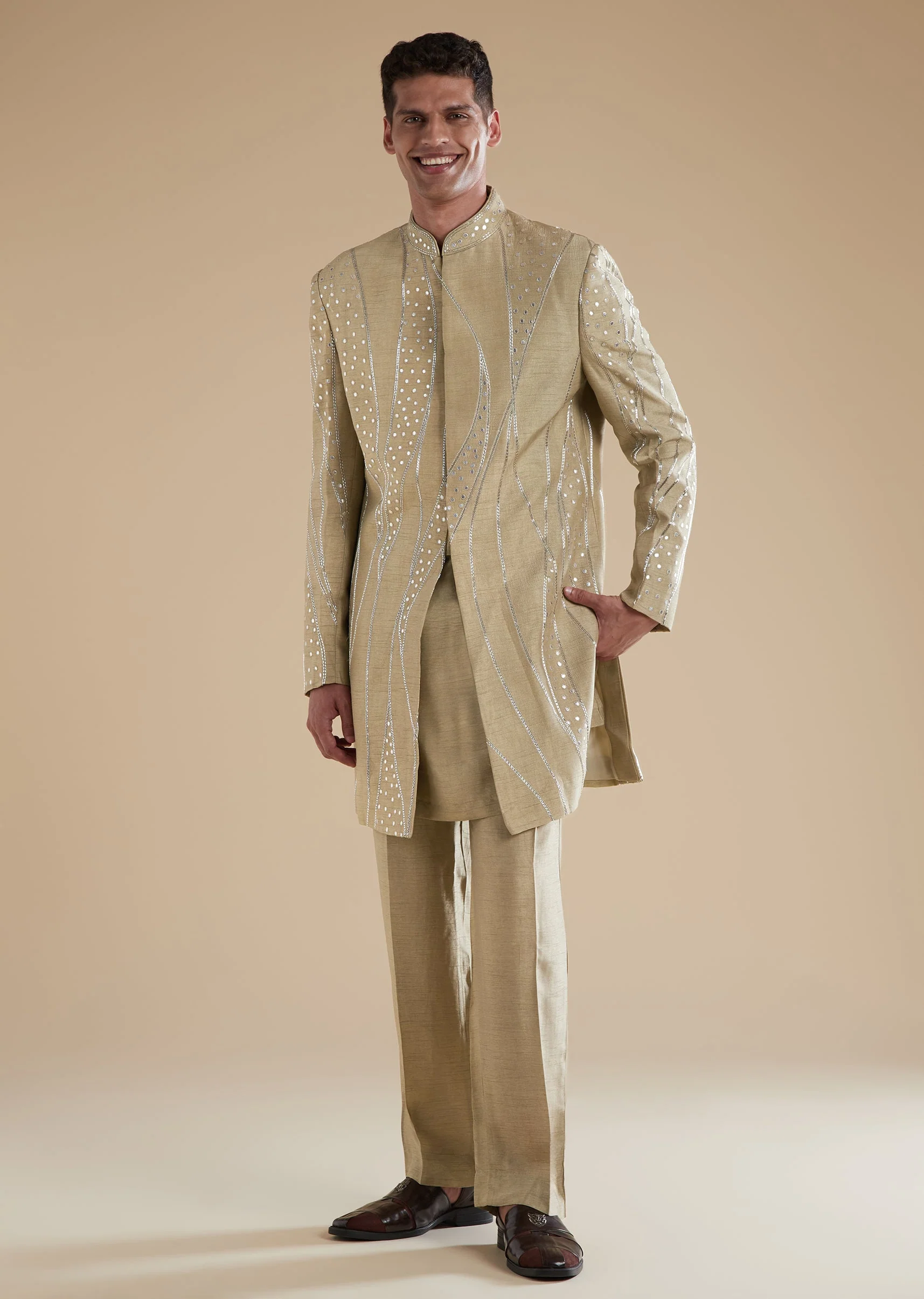 Beige Silk Indowestern Set With Cutwork Leather Detailing