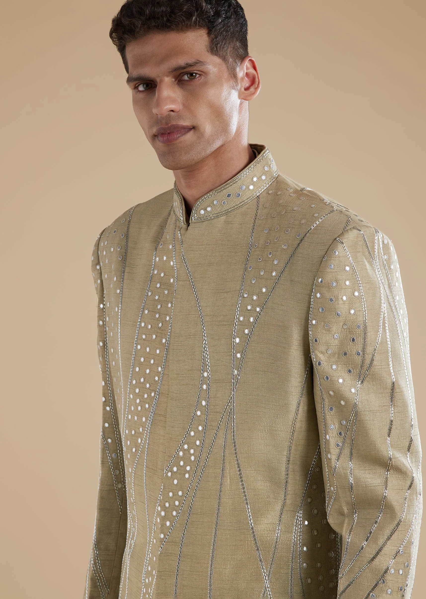 Beige Silk Indowestern Set With Cutwork Leather Detailing - Image 2