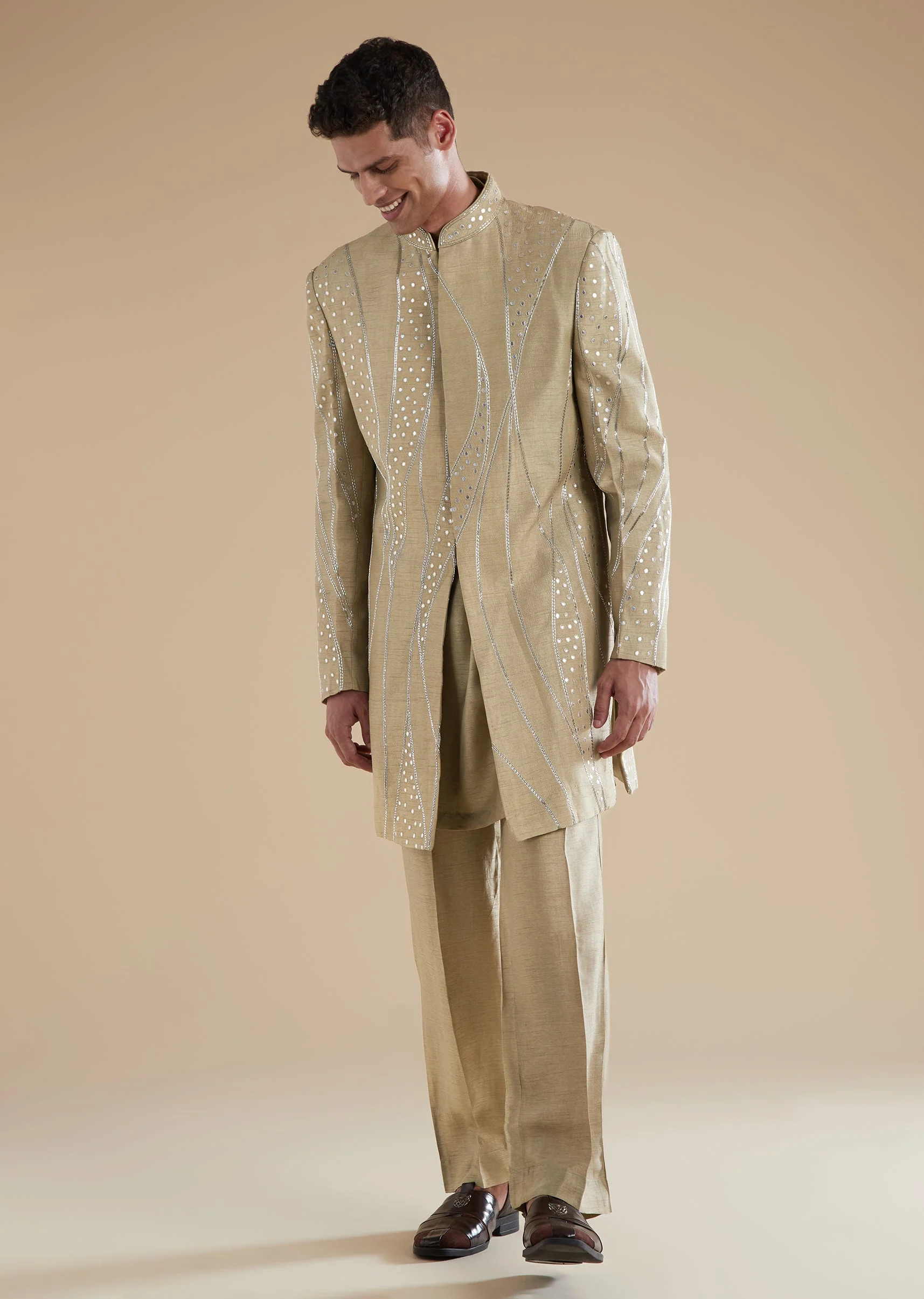 Beige Silk Indowestern Set With Cutwork Leather Detailing - Image 3