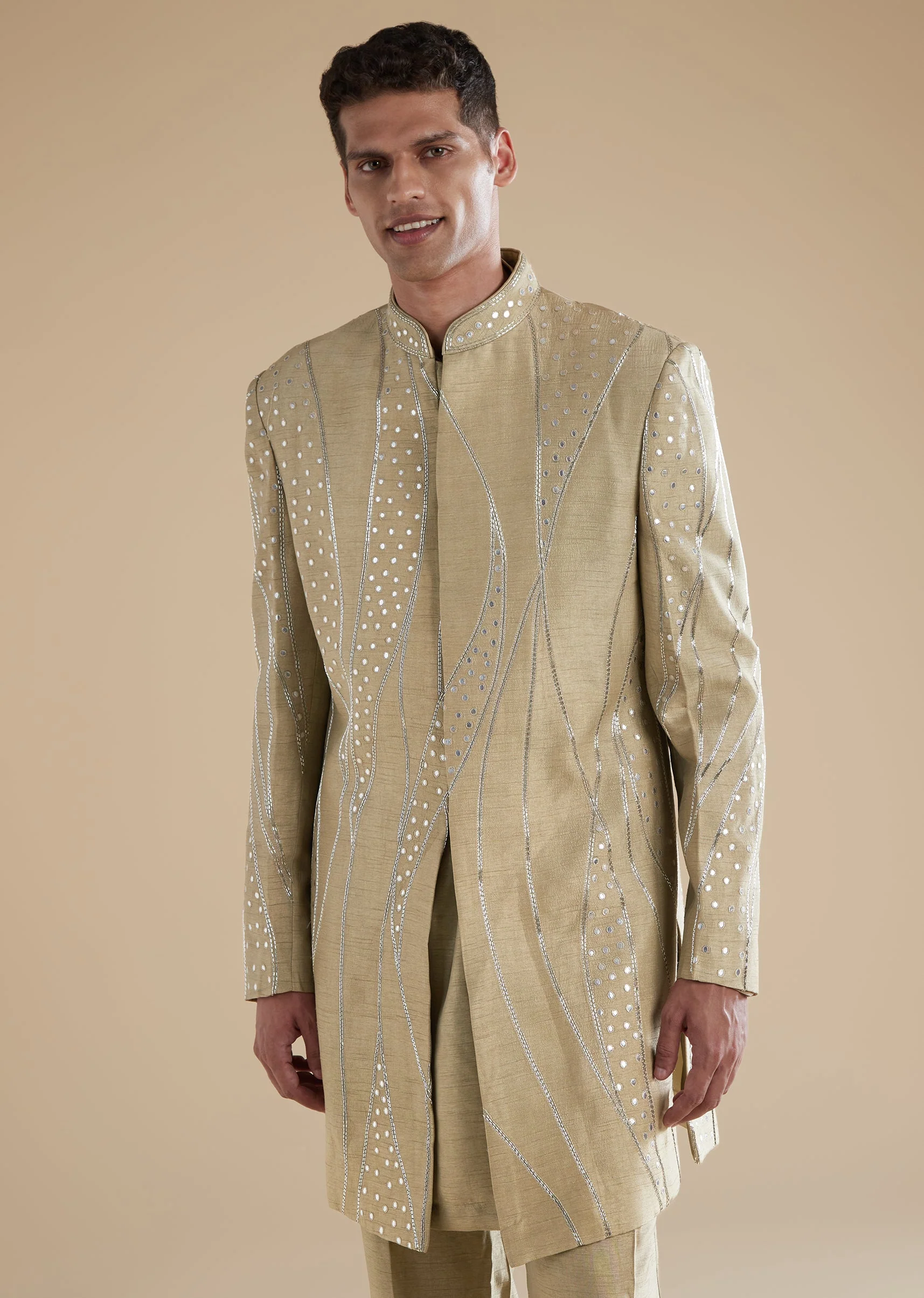 Beige Silk Indowestern Set With Cutwork Leather Detailing - Image 4