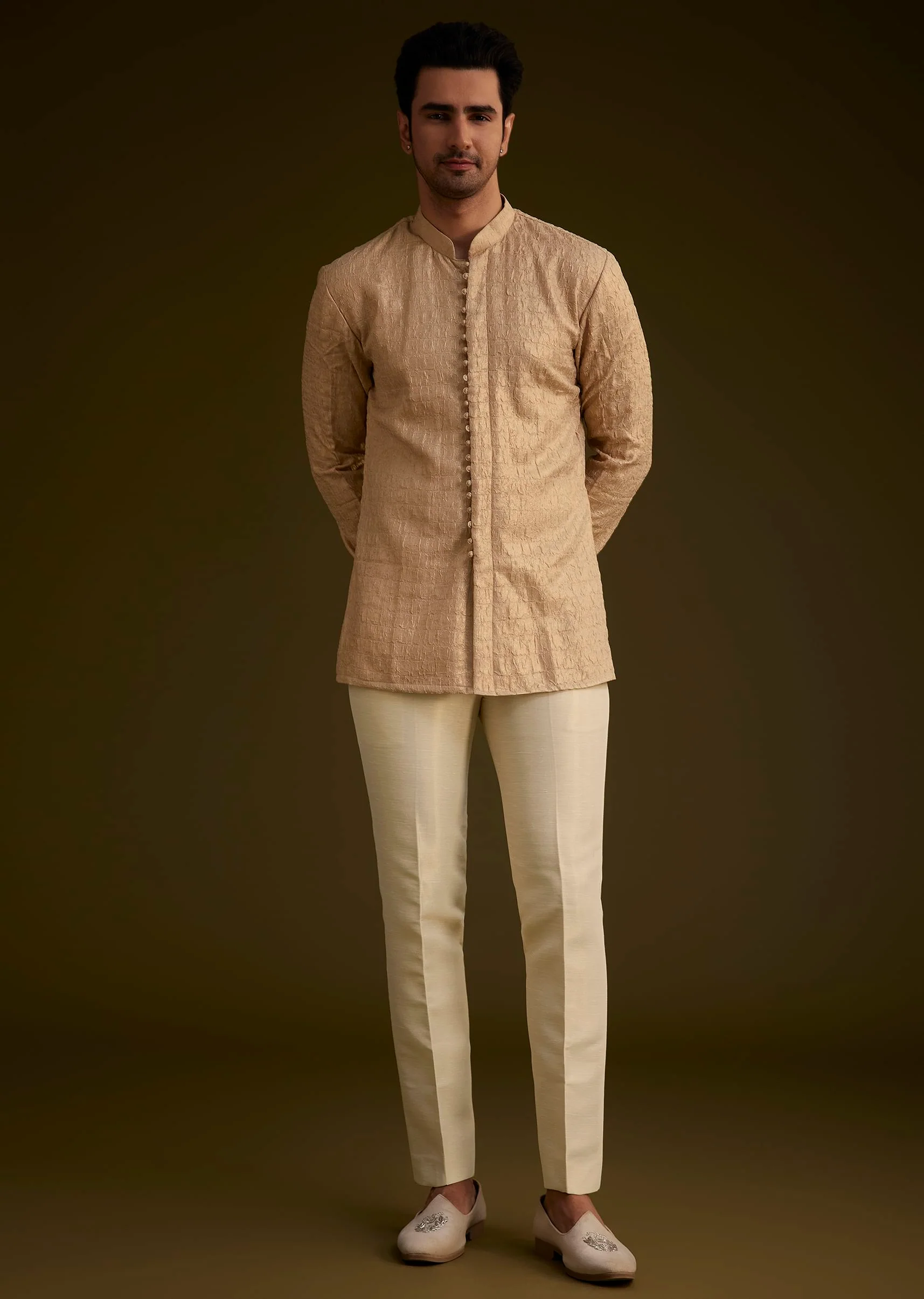 Beige Silk Indowestern Suit With Floral Zardosi Embroidery - Image 5