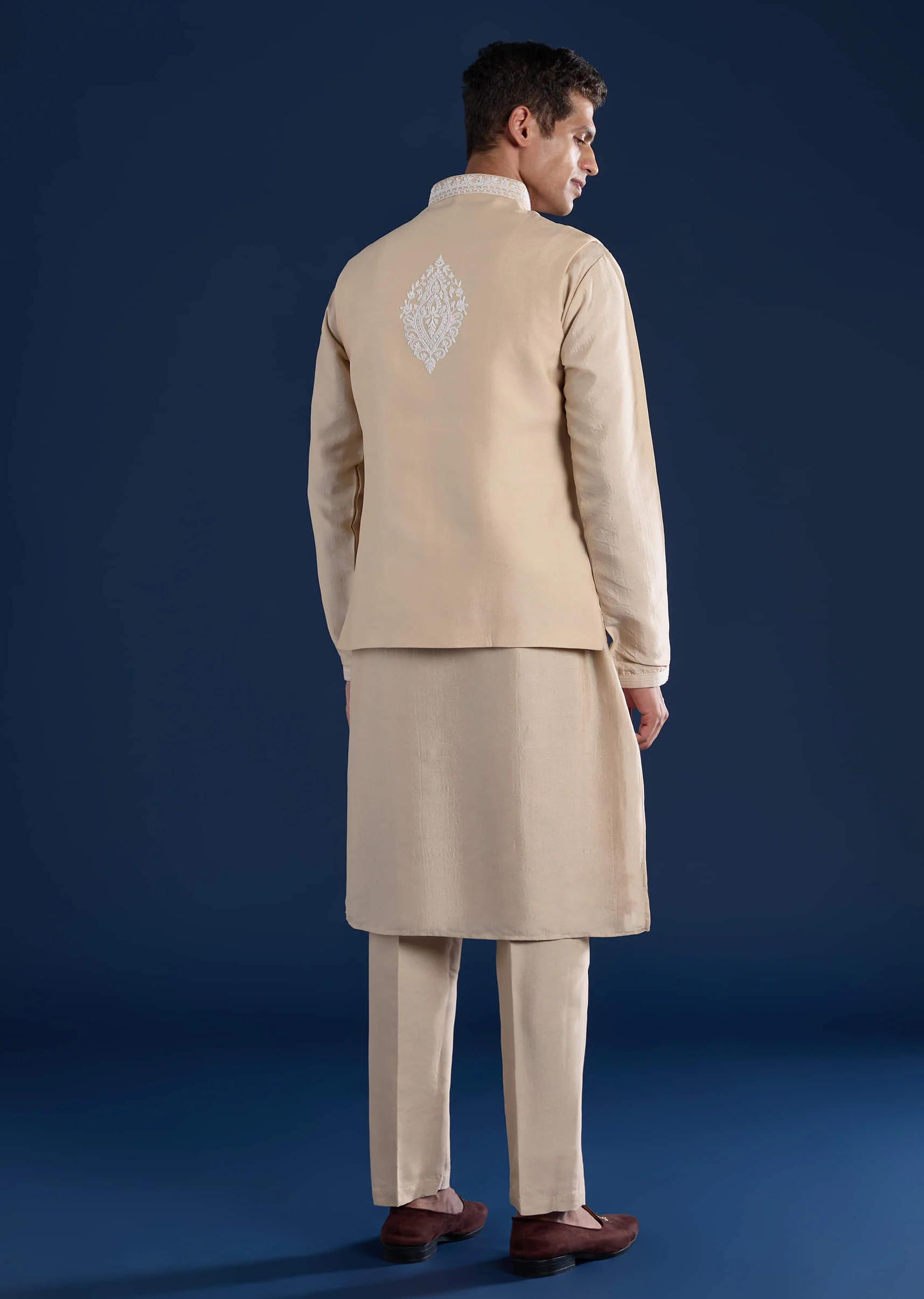 Beige Silk Jacket and Kurta Set with Resham Work - Image 5