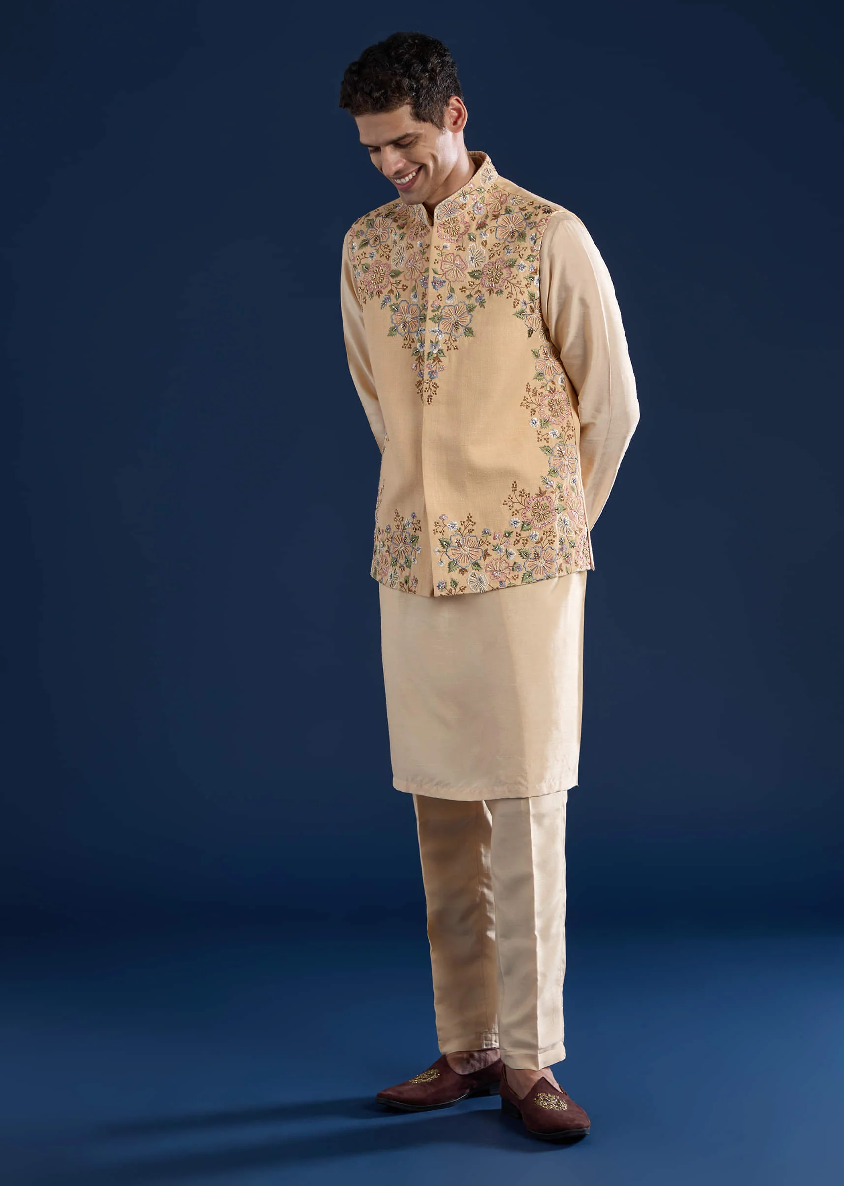 Beige Silk Jacket Kurta Set with French Knot - Image 3