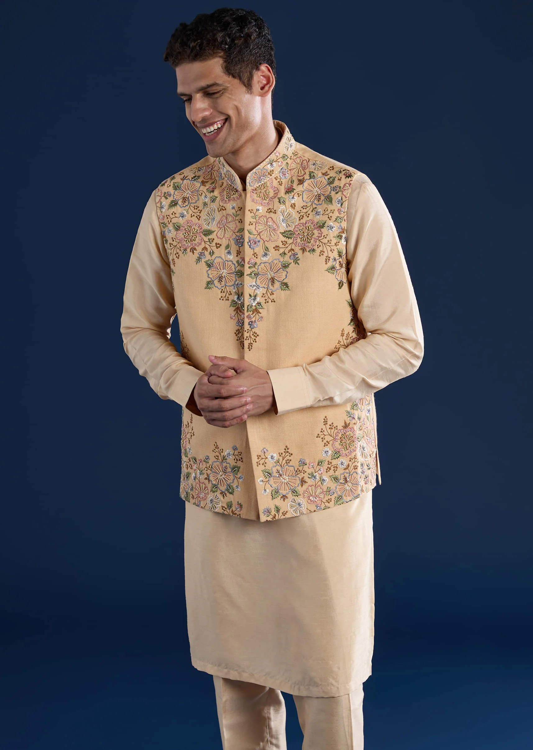 Beige Silk Jacket Kurta Set with French Knot - Image 4