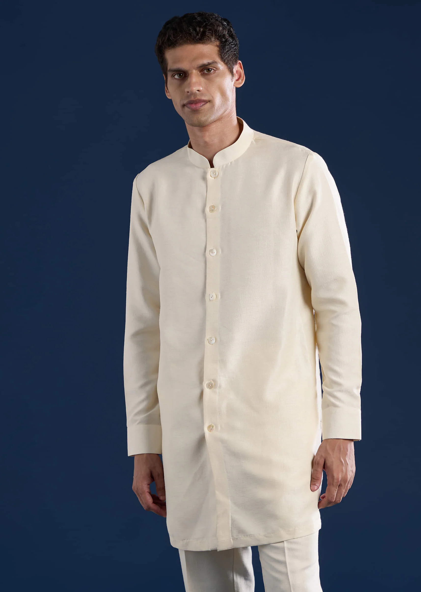 Beige Silk Jacket Kurta Set with Resham Embroidery - Image 5