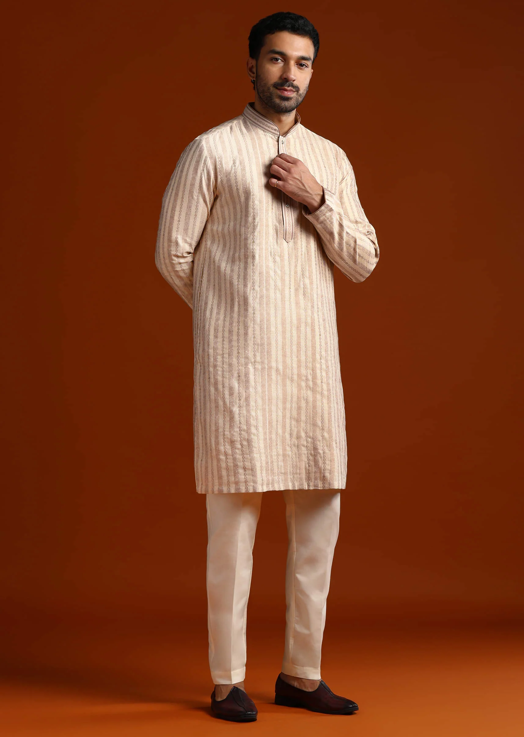 Beige Silk Jacquard Kurta Set For Men With Printed Stripes - Image 3