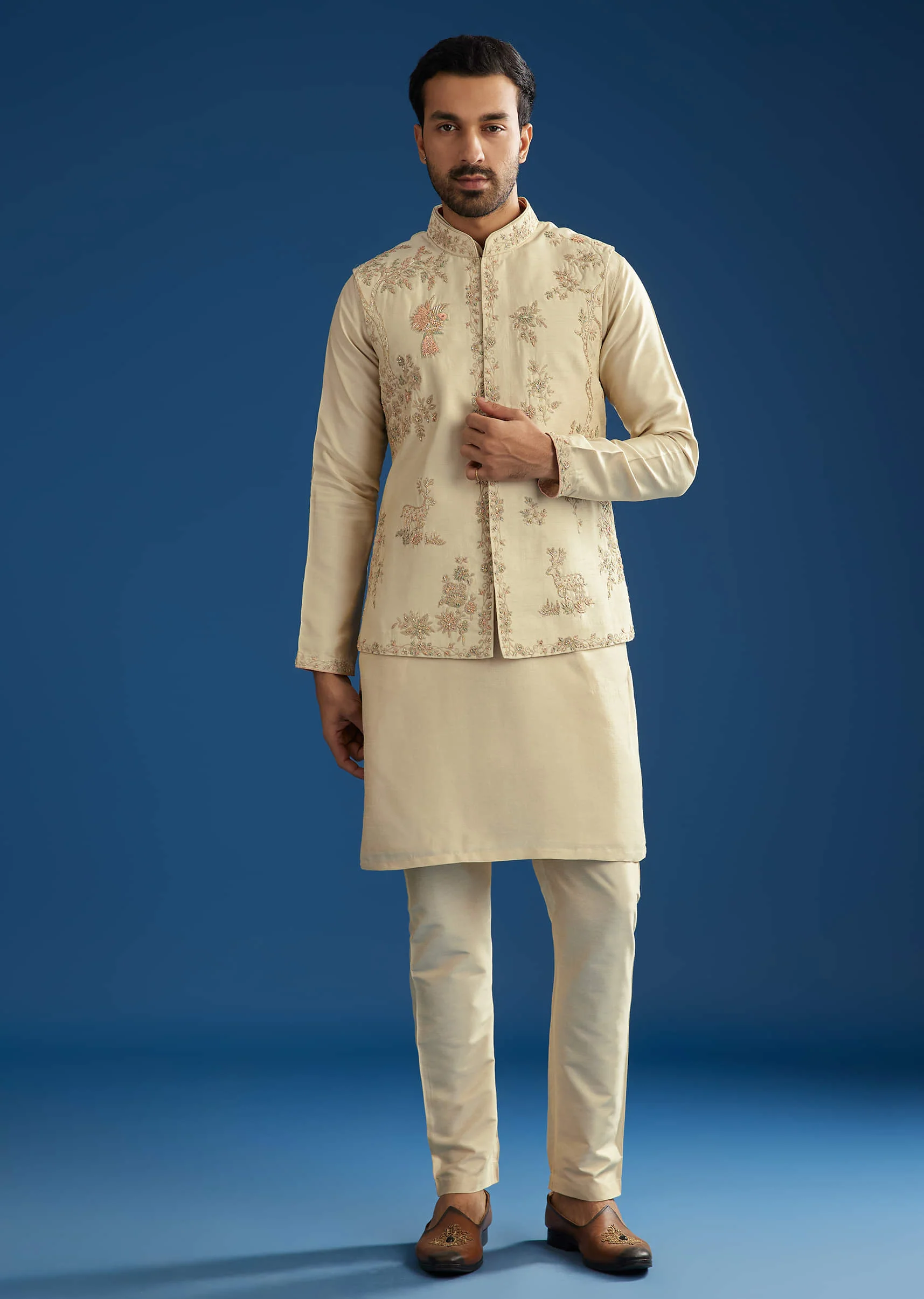 Beige Silk Kurta Jacket Set With Cutdana Work - Image 2
