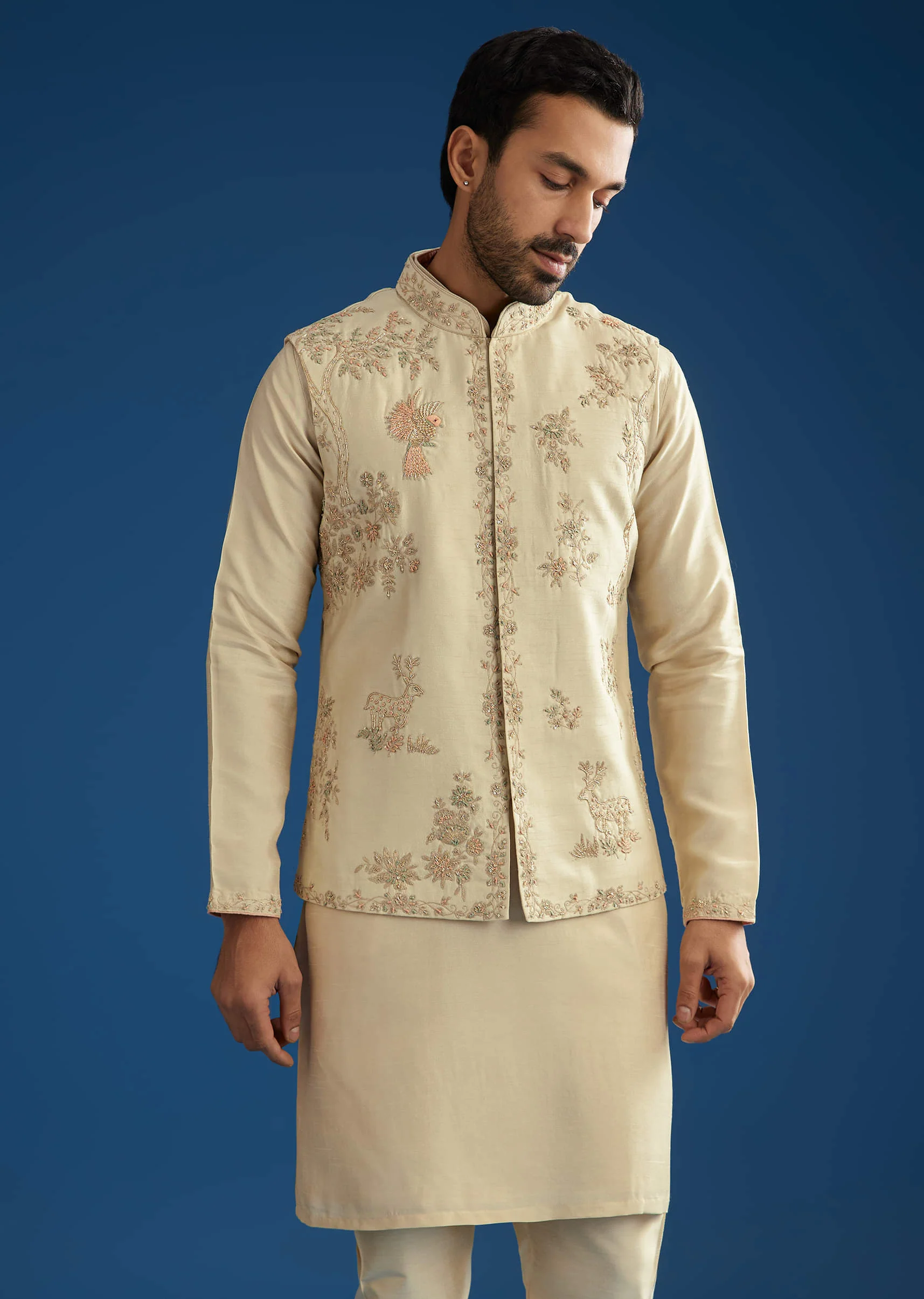 Beige Silk Kurta Jacket Set With Cutdana Work - Image 3