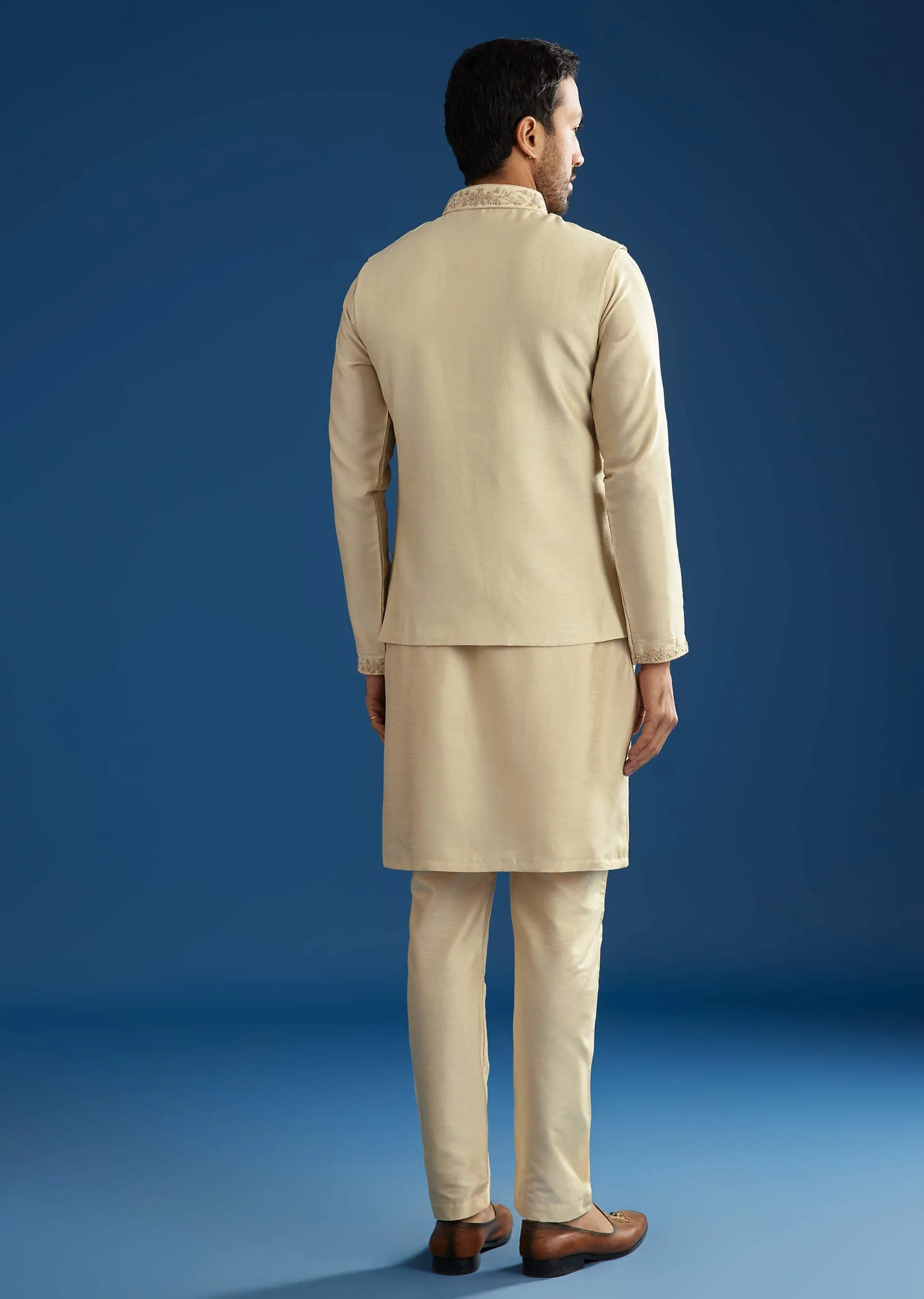Beige Silk Kurta Jacket Set With Cutdana Work - Image 4