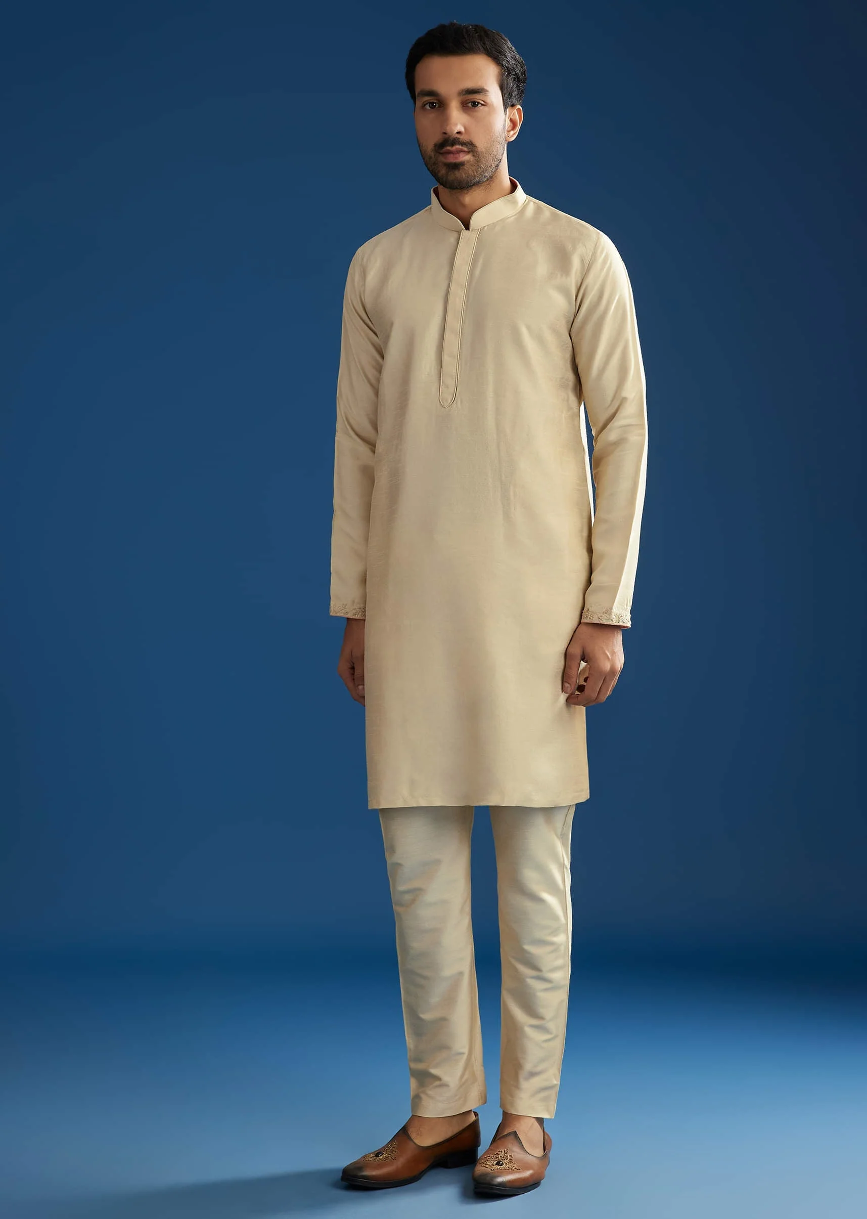 Beige Silk Kurta Jacket Set With Cutdana Work - Image 5
