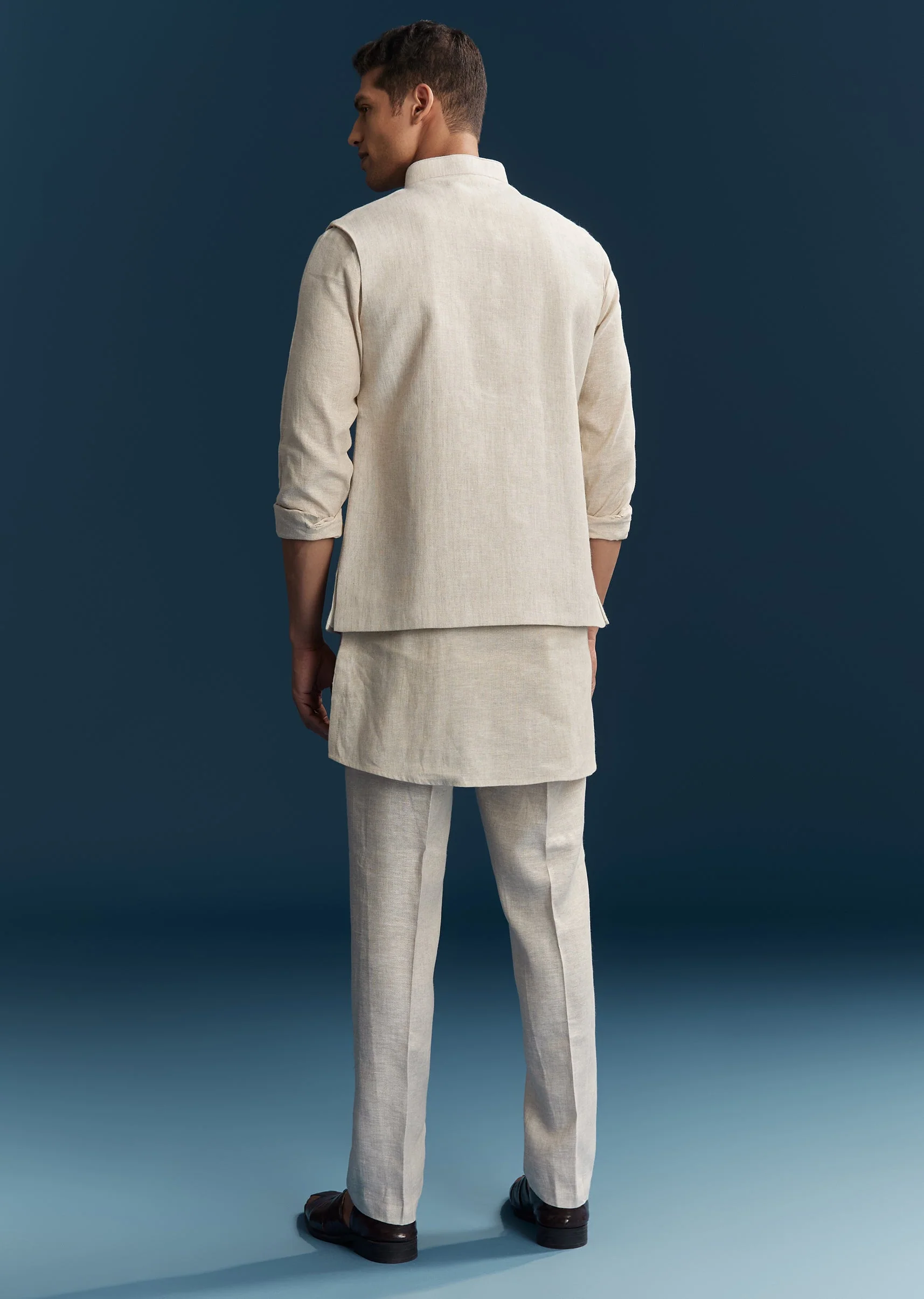 Beige Silk Kurta Jacket With Minimal Thread Detail - Image 5