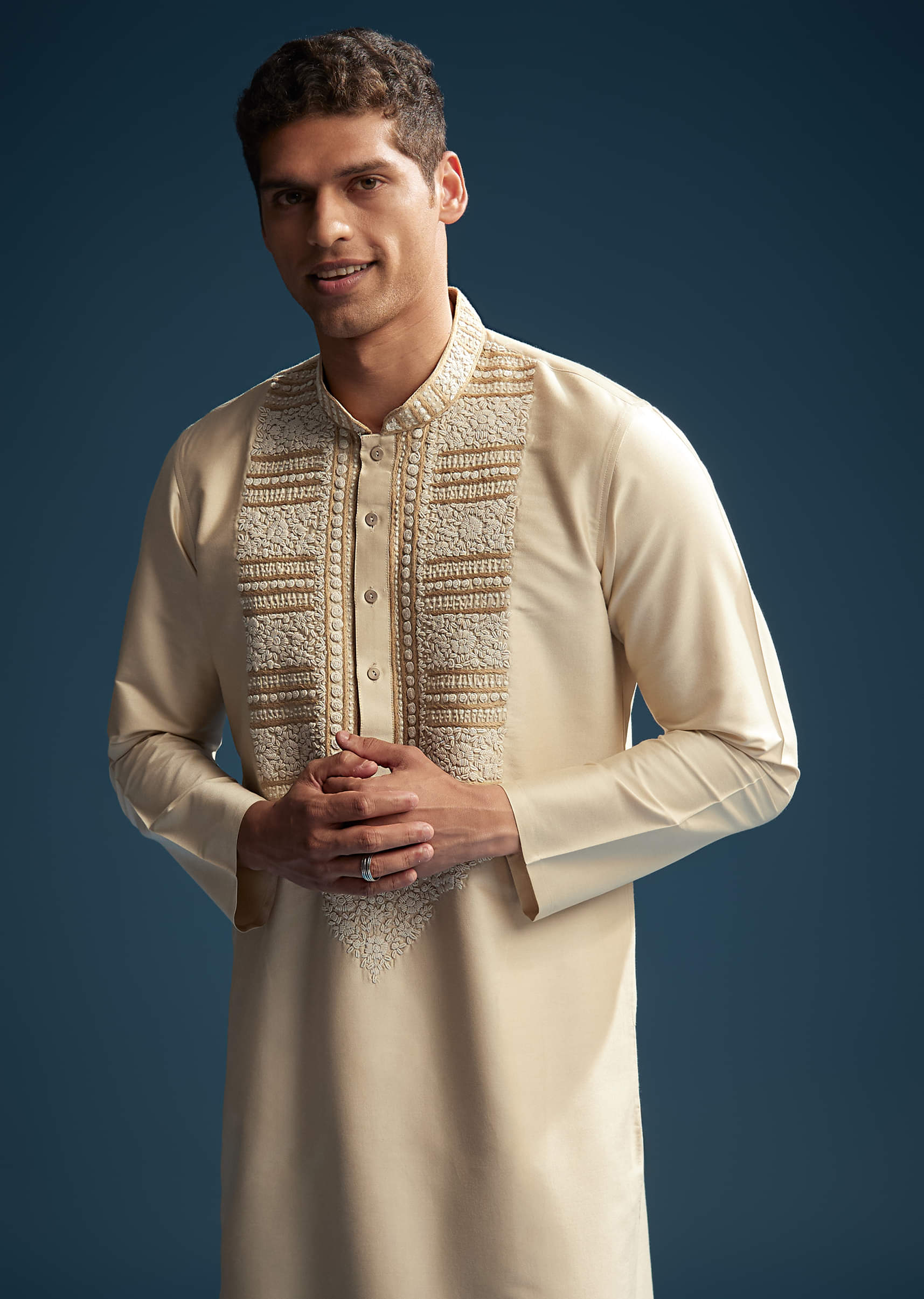 Beige Silk Kurta Set For Men With Kashmiri Hand Work - Image 2