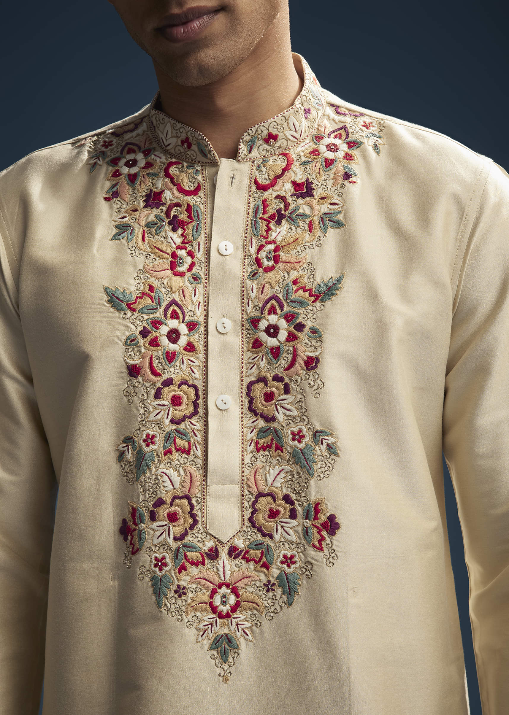 Beige Silk Kurta Set For Men With Resham Aari Embroidery - Image 2