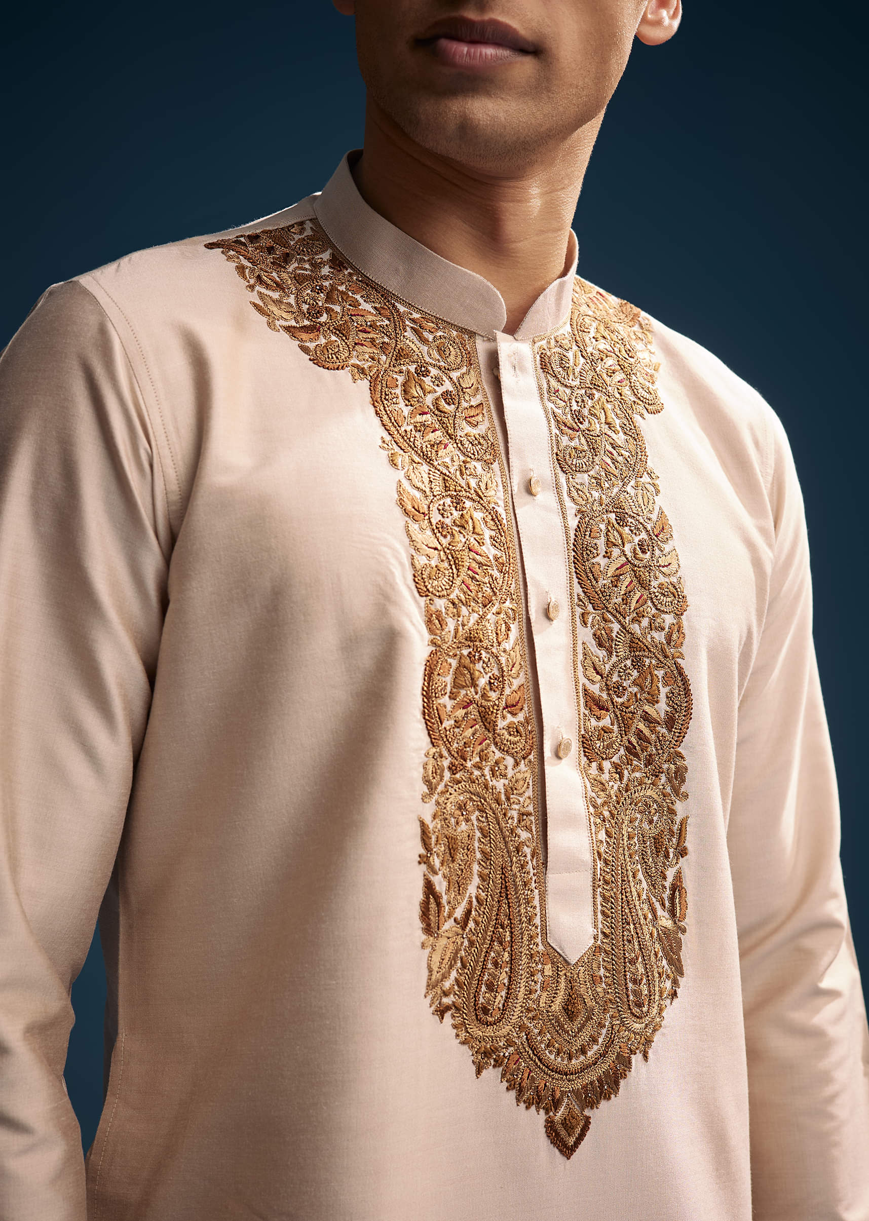 Beige Silk Kurta Set For Men With Resham Hand Embroidery - Image 2
