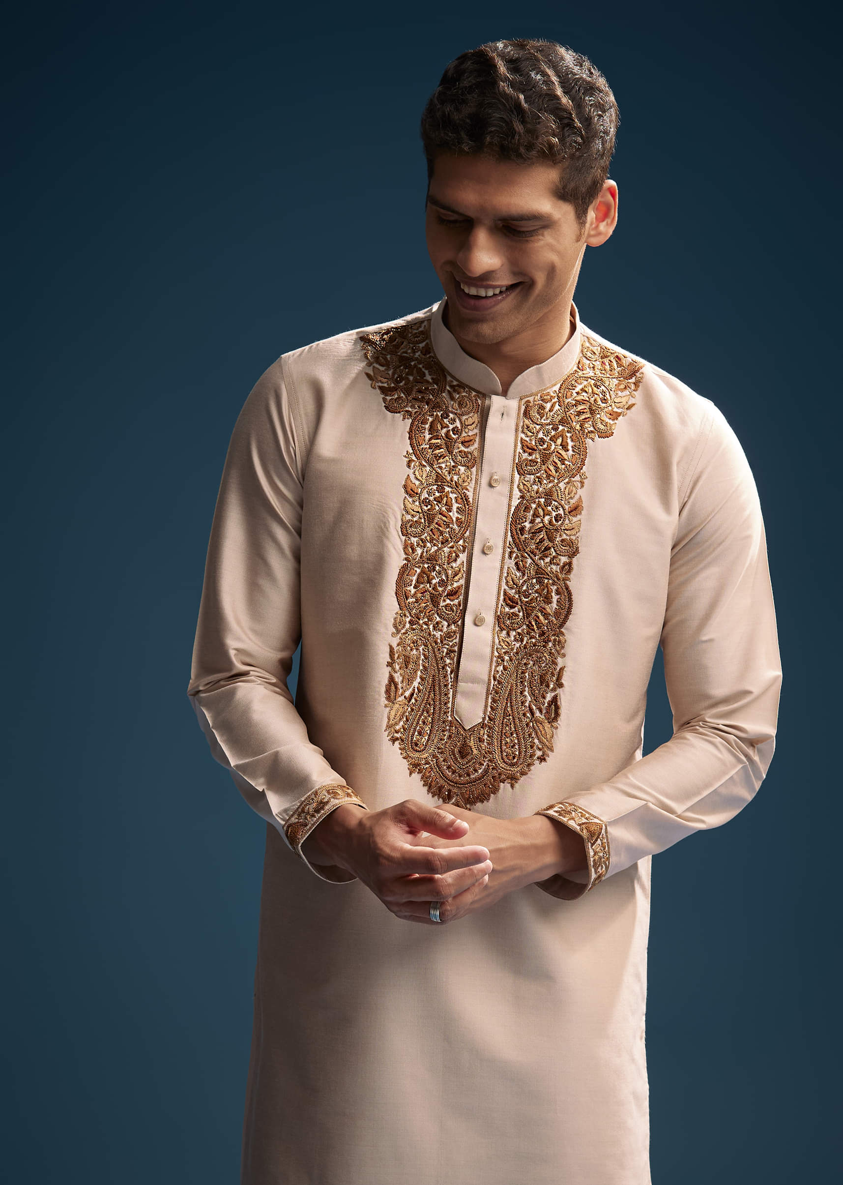 Beige Silk Kurta Set For Men With Resham Hand Embroidery - Image 4