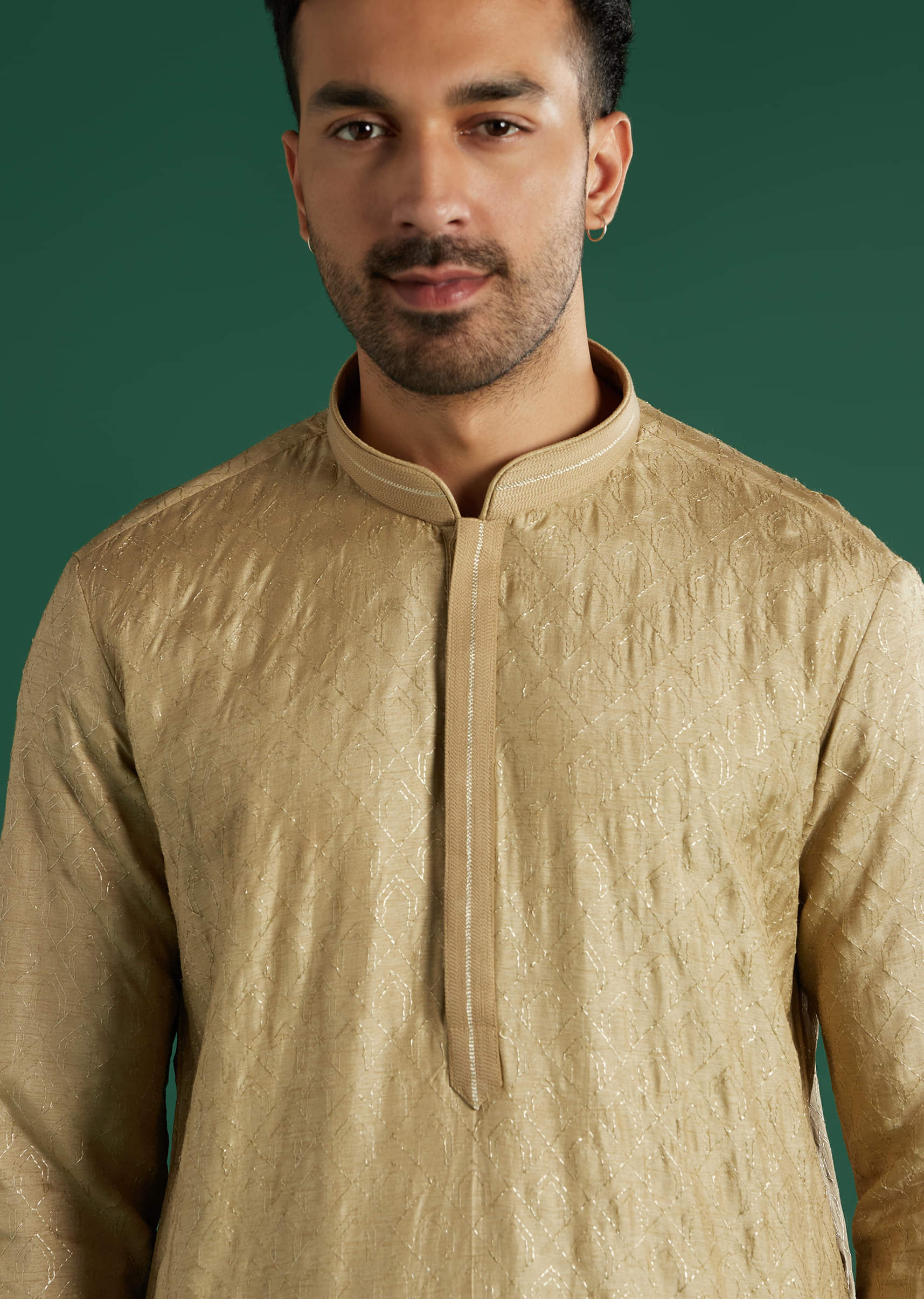 Beige Silk Kurta Set For Men With Subtle Woven Texture - Image 2