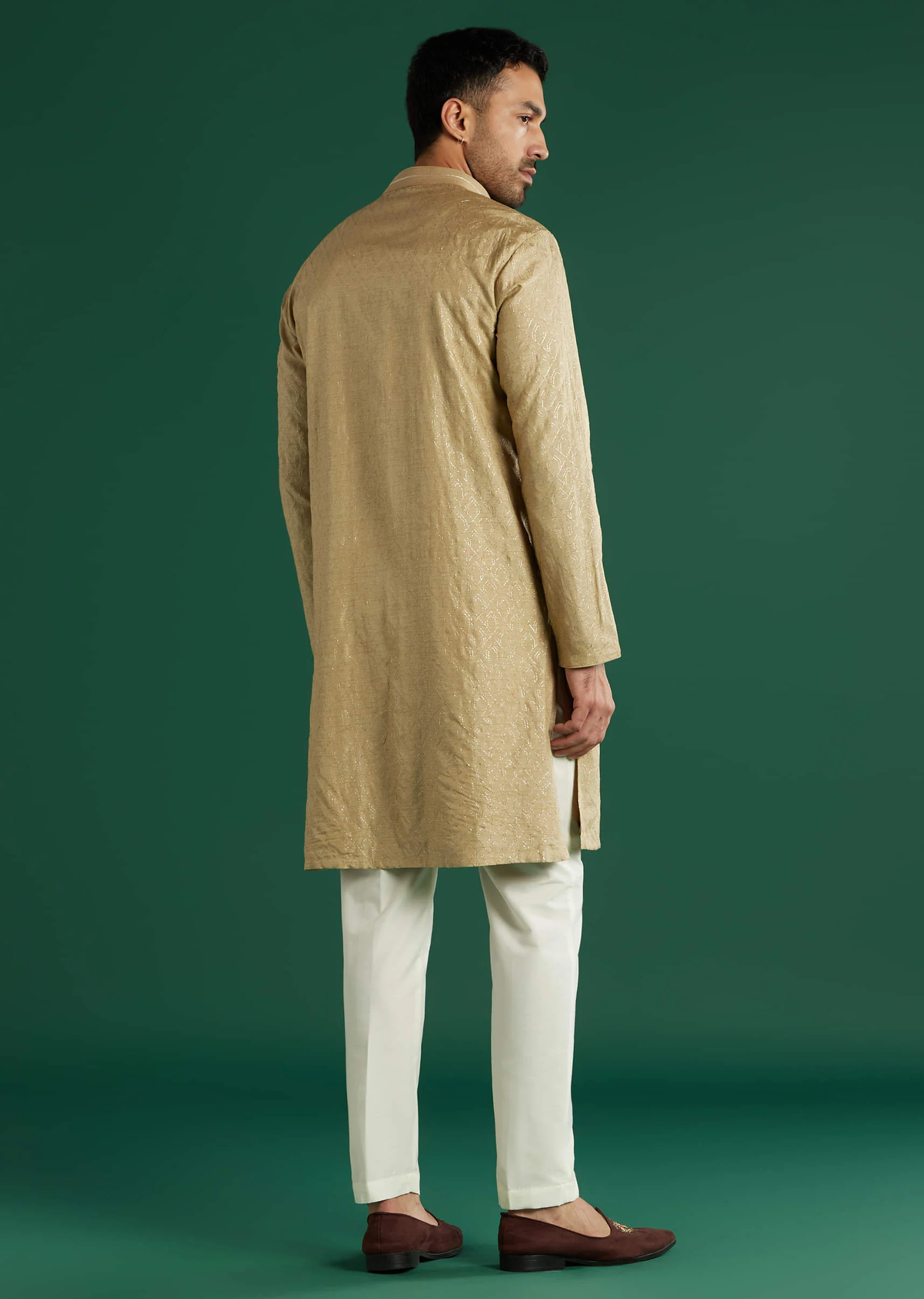 Beige Silk Kurta Set For Men With Subtle Woven Texture - Image 3