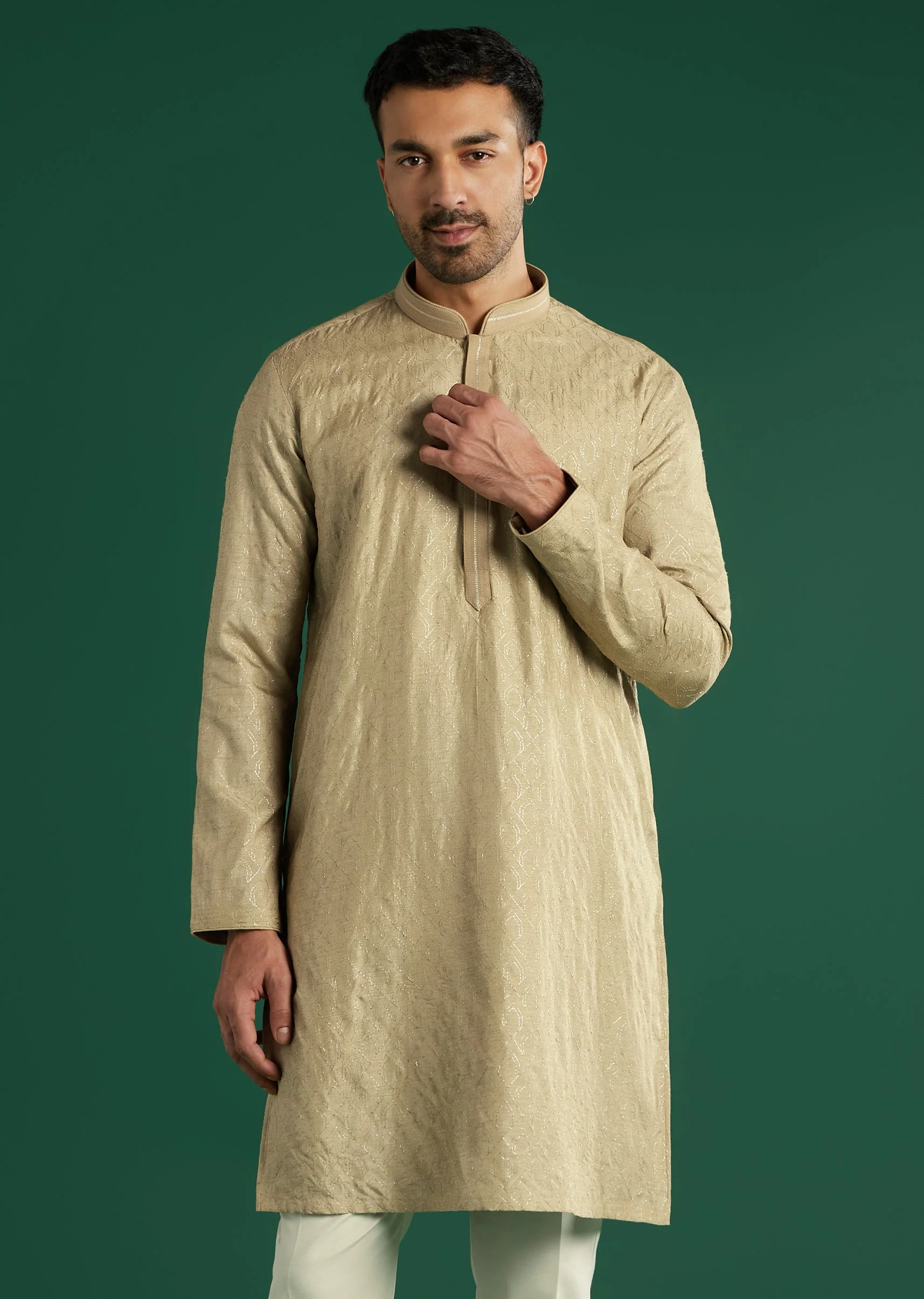 Beige Silk Kurta Set For Men With Subtle Woven Texture - Image 4