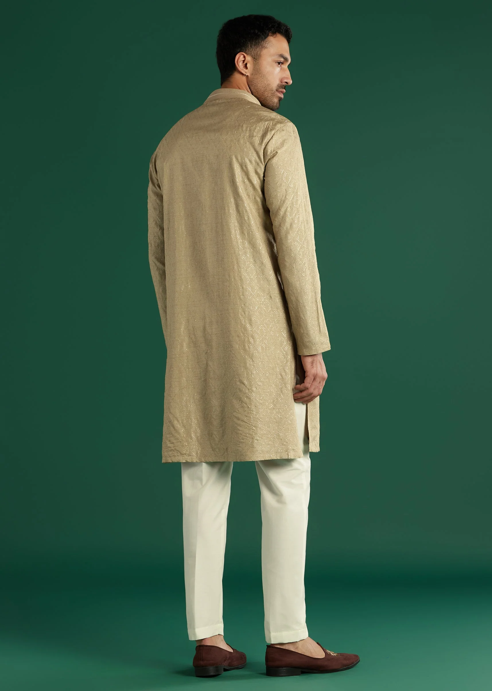 Beige Silk Kurta Set For Men With Subtle Woven Texture - Image 5