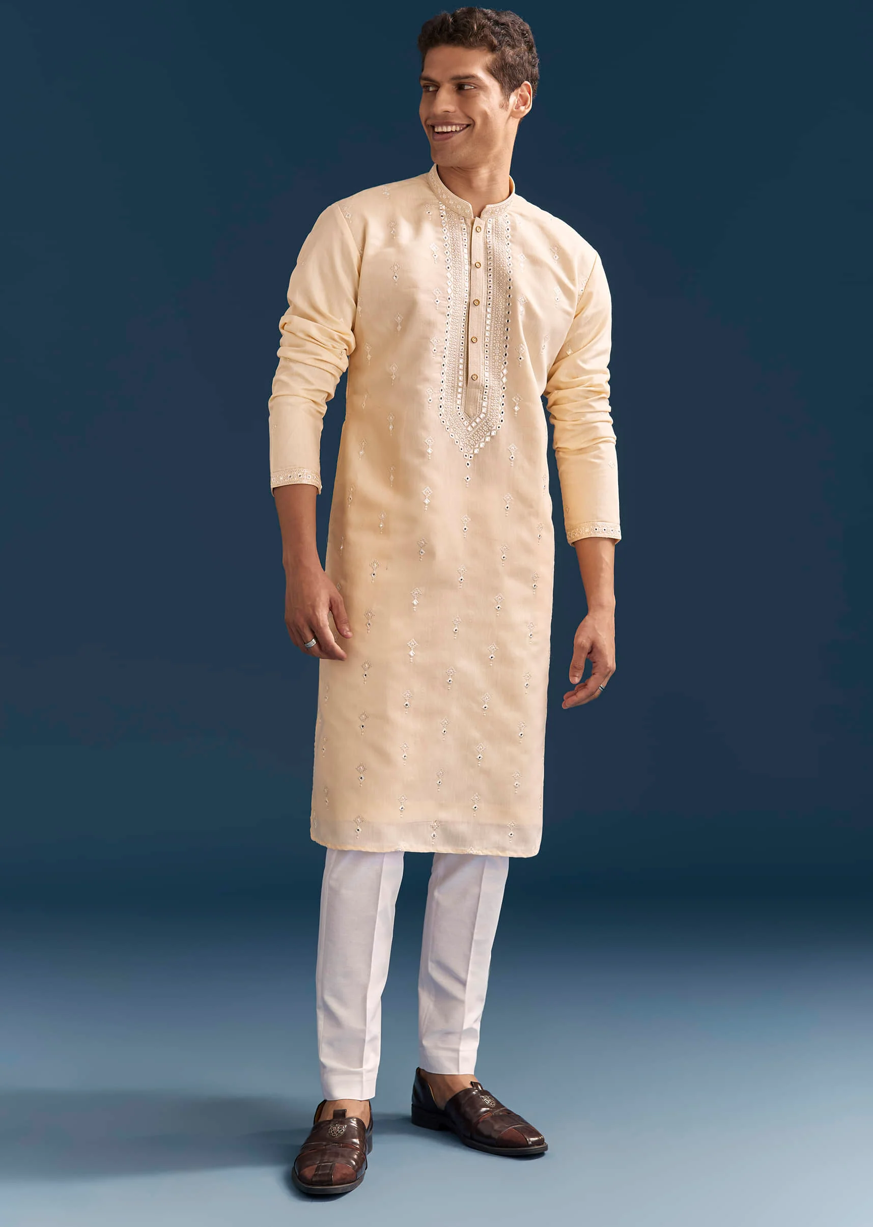 Beige Silk Kurta Set For Men With Thread And Mirror Embroidery - Image 2