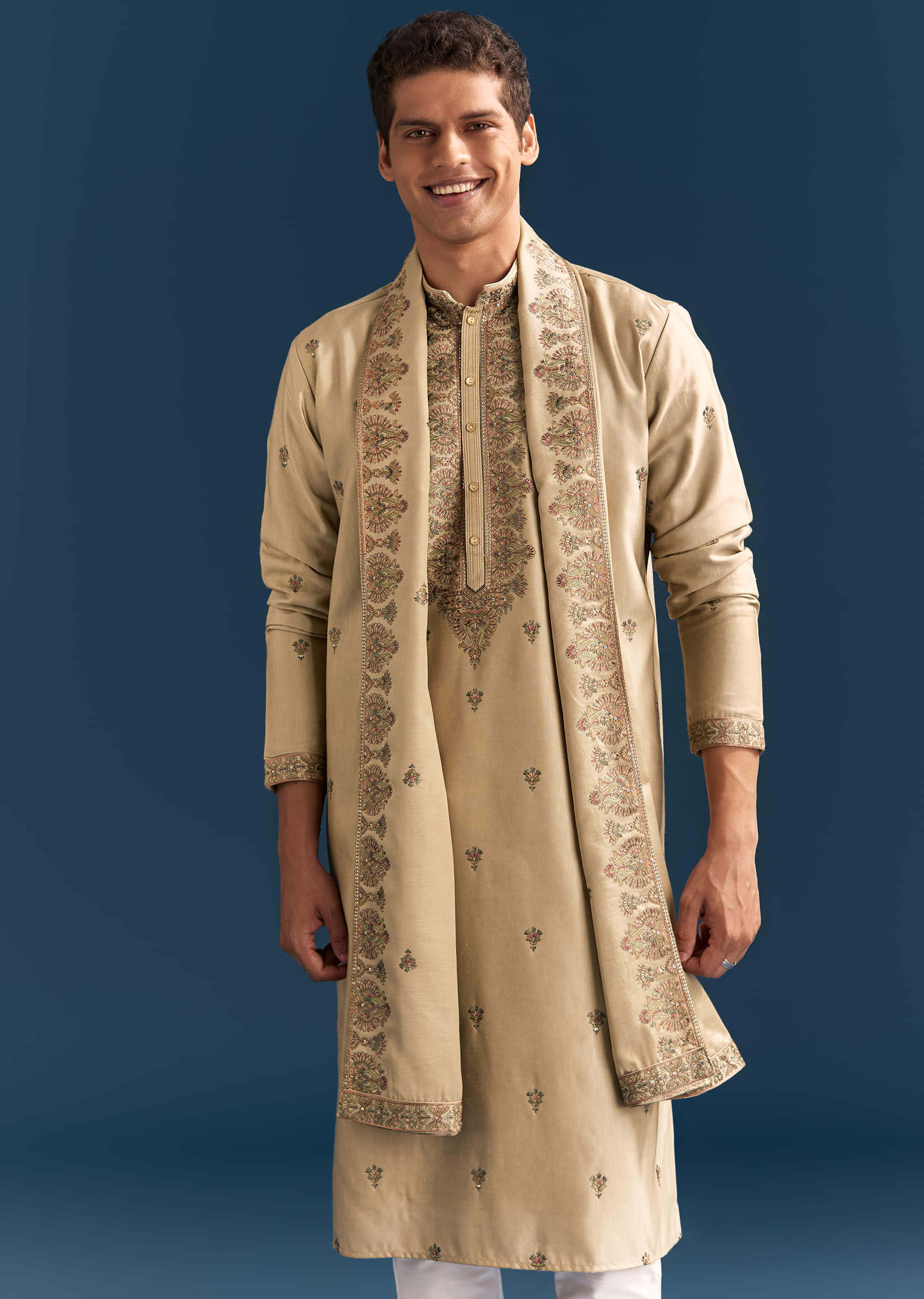 Beige Silk Kurta Set For Men With Thread Embroidery - Image 3