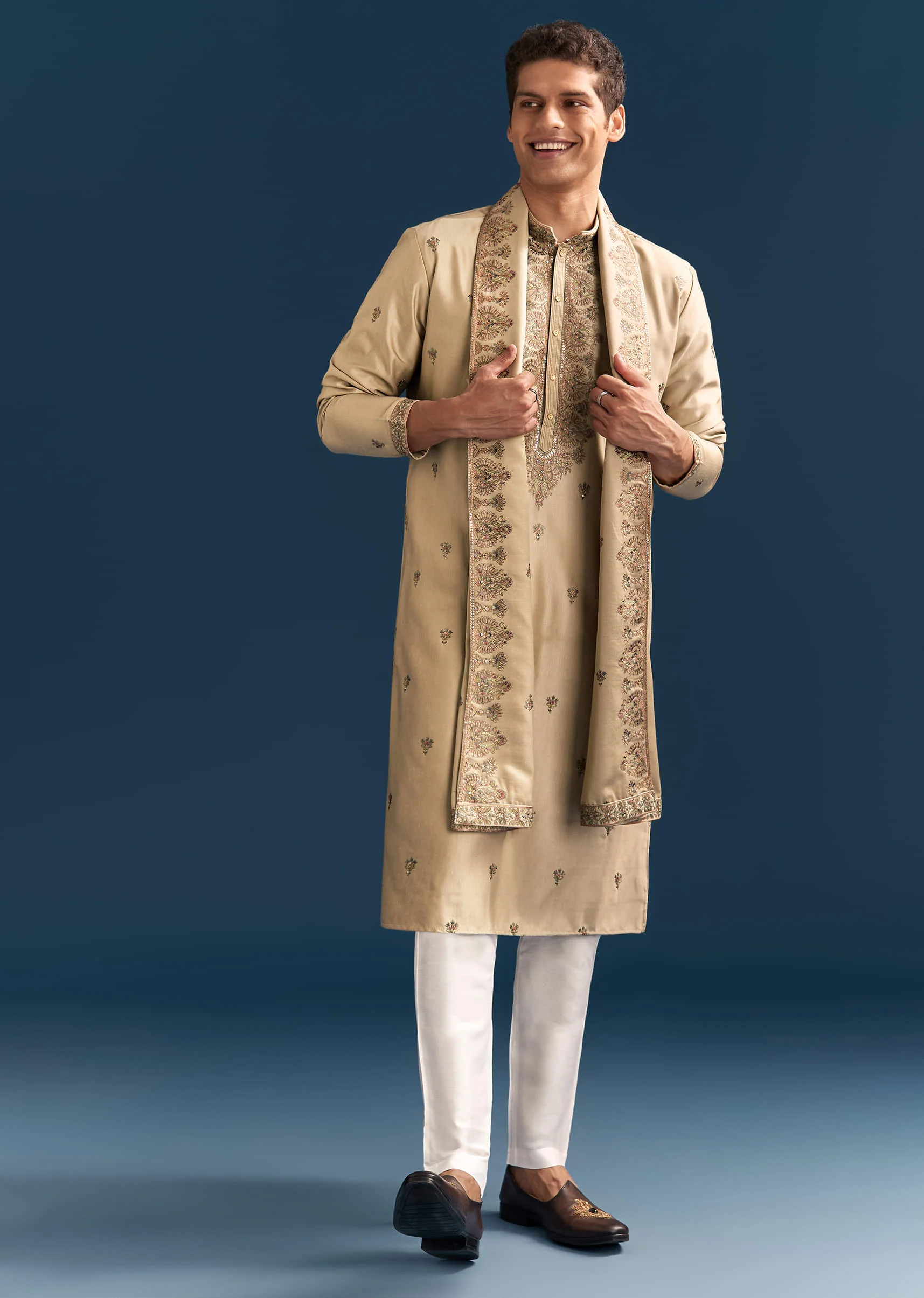 Beige Silk Kurta Set For Men With Thread Embroidery - Image 4