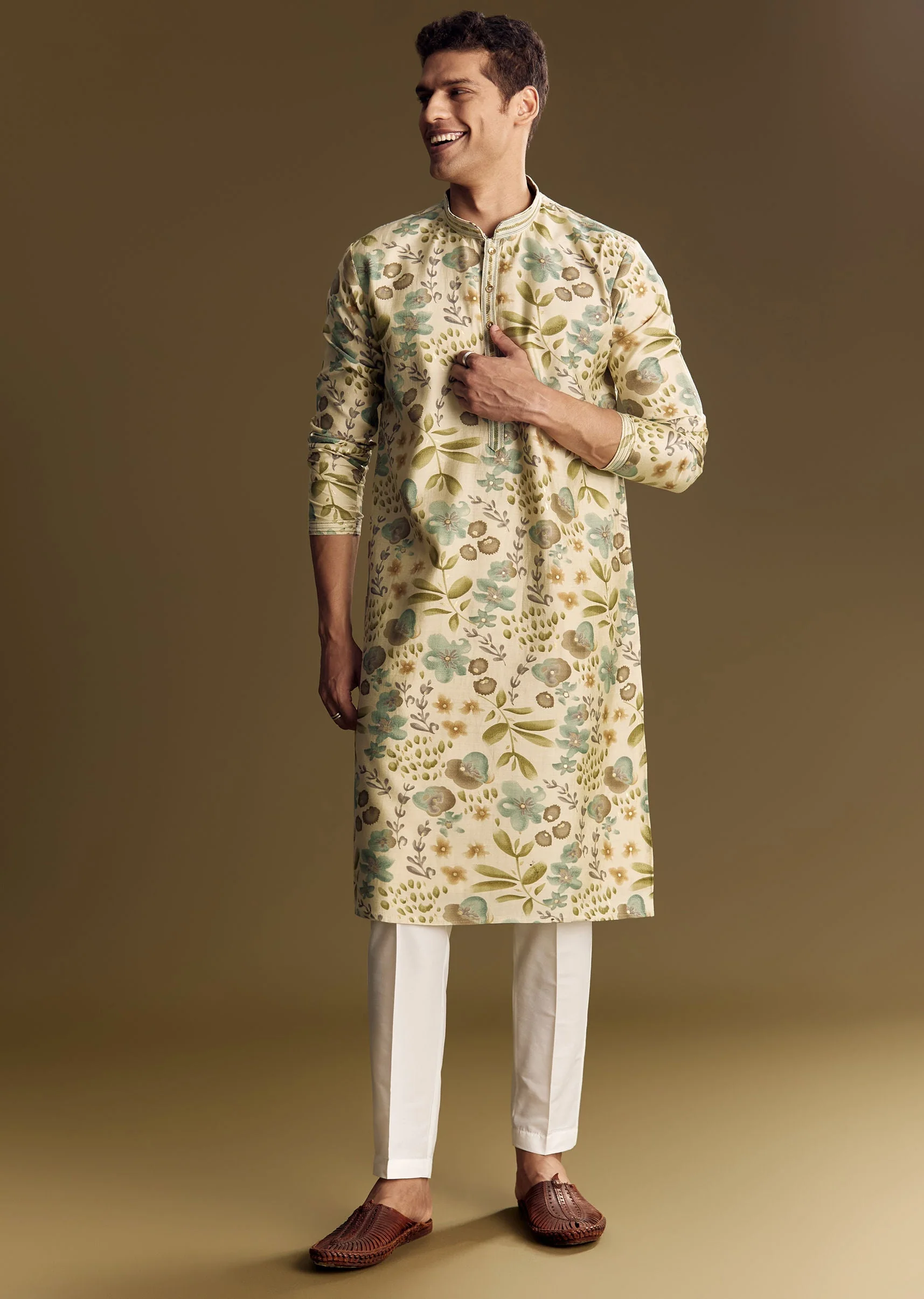 Beige Silk Kurta Set With Foil Enhanced Floral Print - Image 4