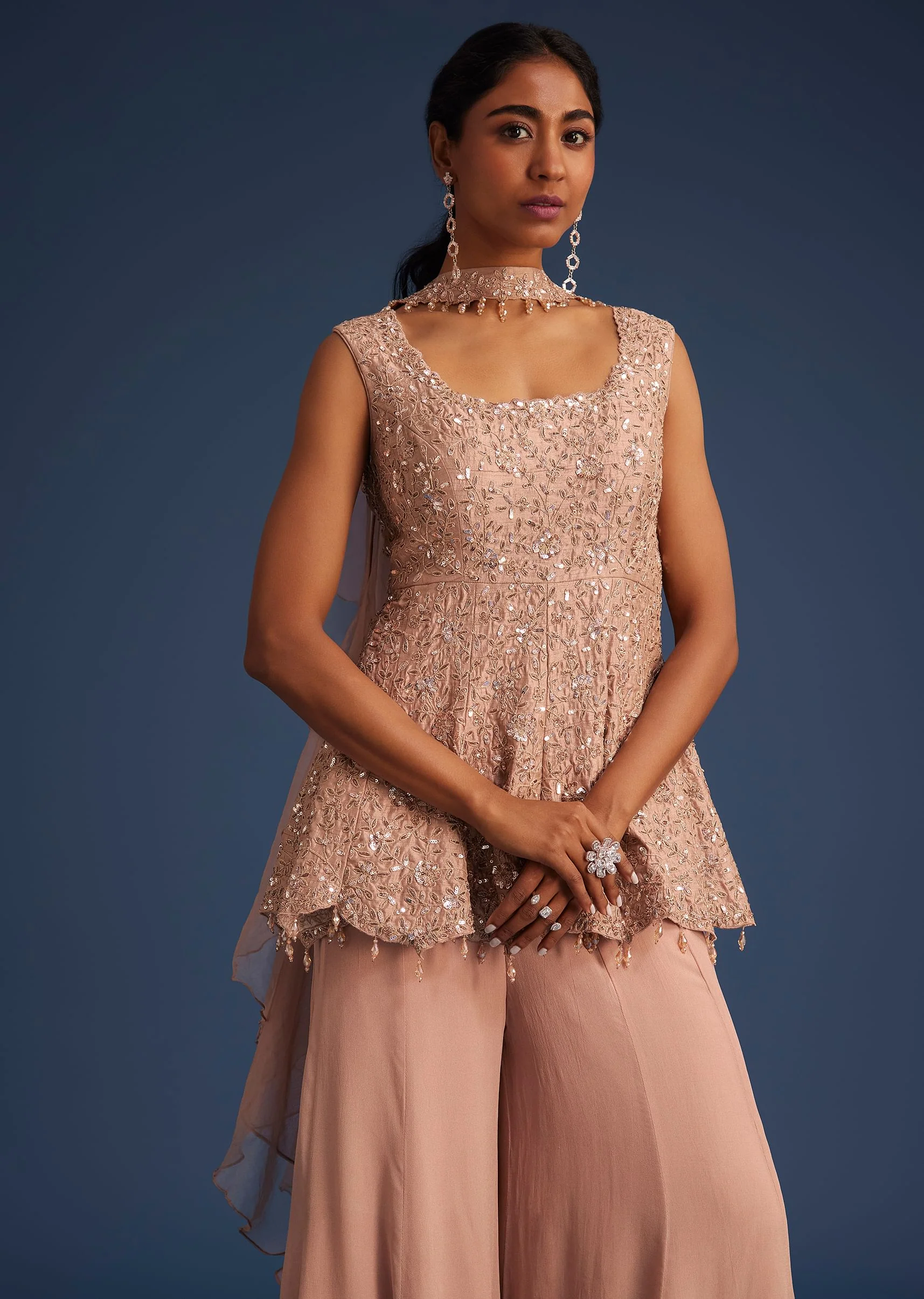 Beige Silk Kurta Set With Georgette Palazzo - Image 3