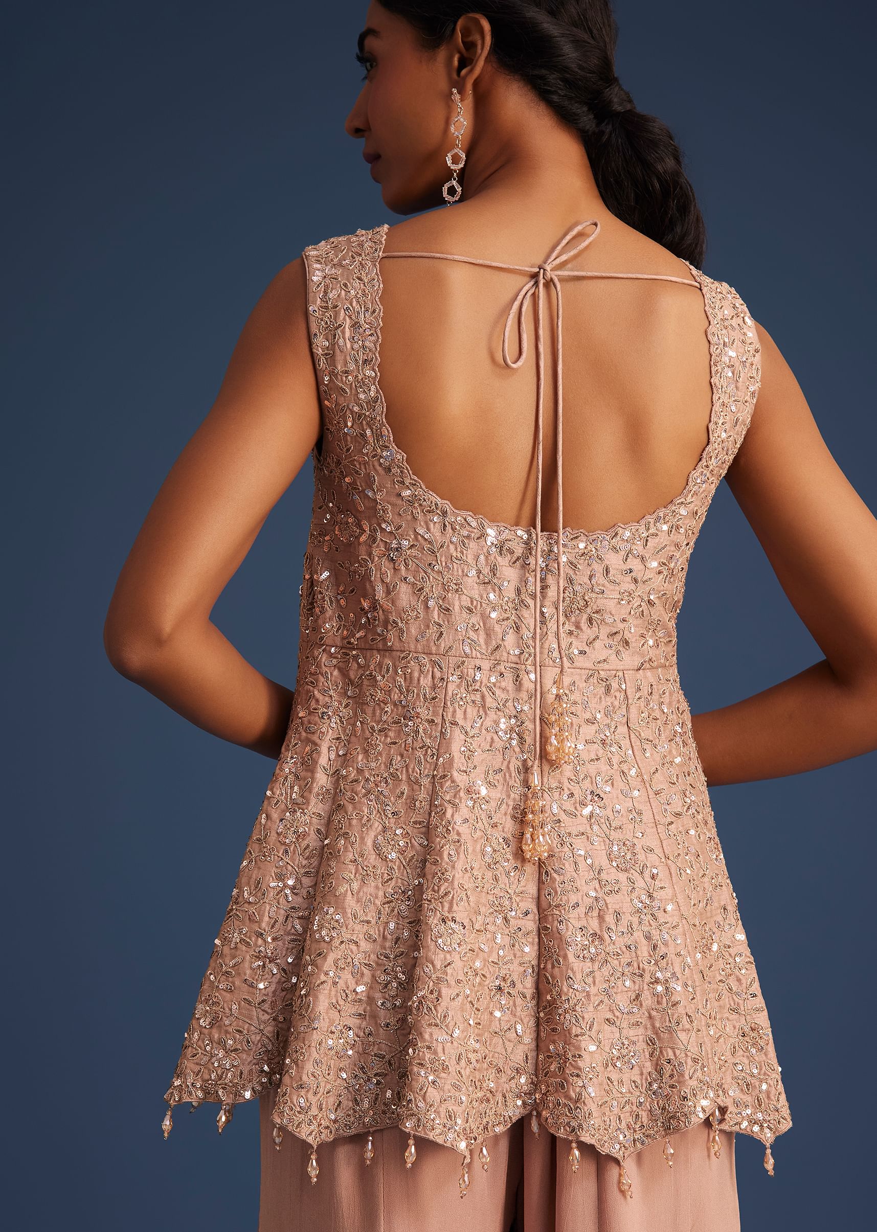 Beige Silk Kurta Set With Georgette Palazzo - Image 5