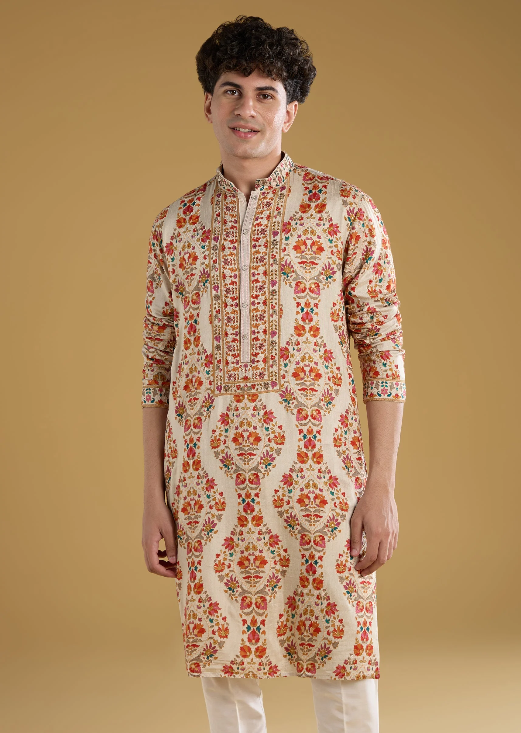Beige Silk Kurta Set With Thread Motif Detail Work - Image 3