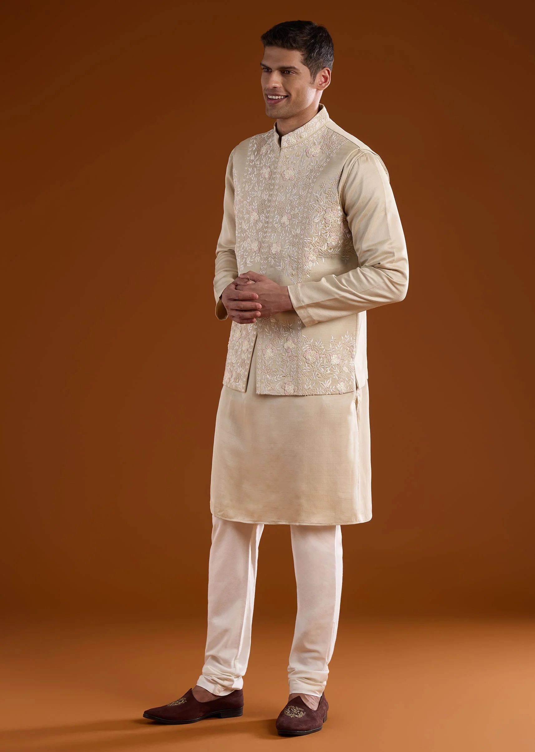 Beige Silk Mens Kurta Jacket Set With Thread And French Knot Work