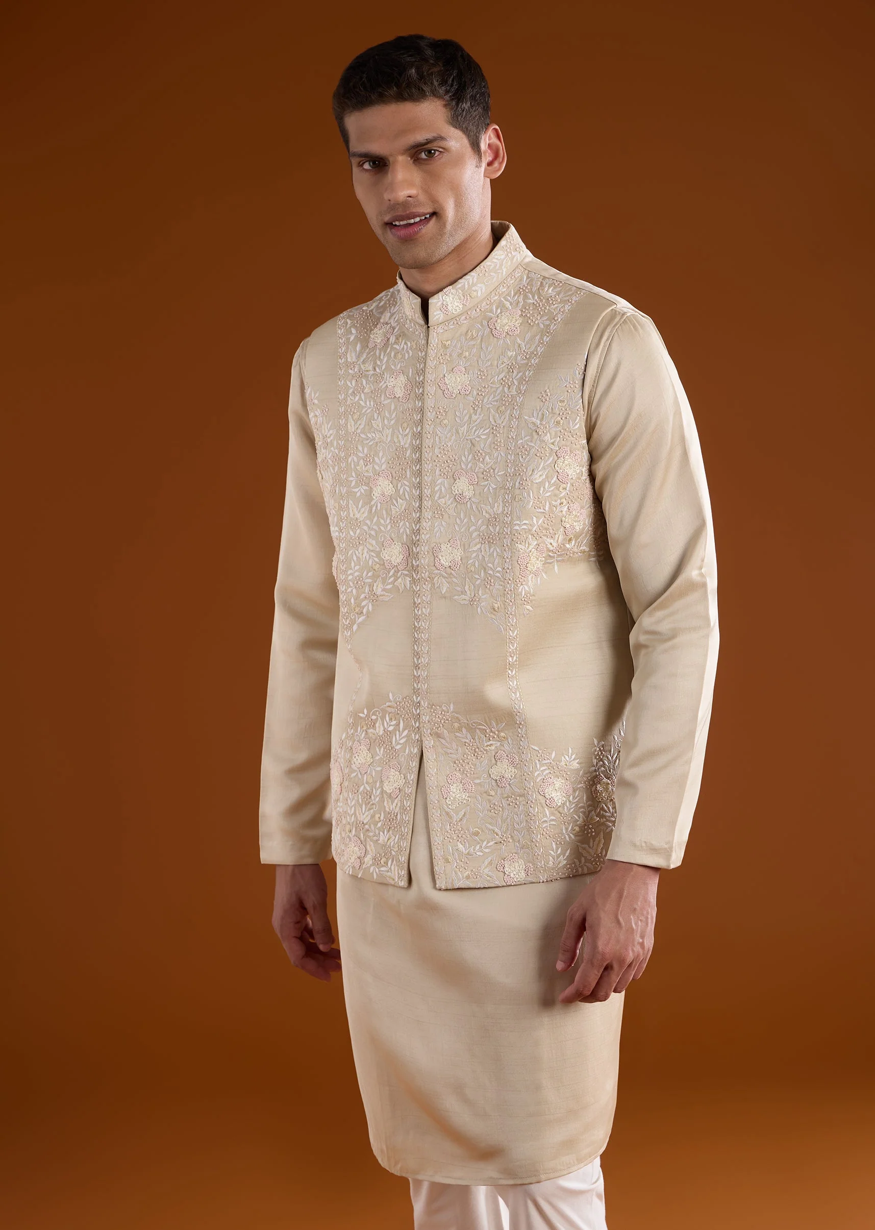 Beige Silk Mens Kurta Jacket Set With Thread And French Knot Work - Image 4