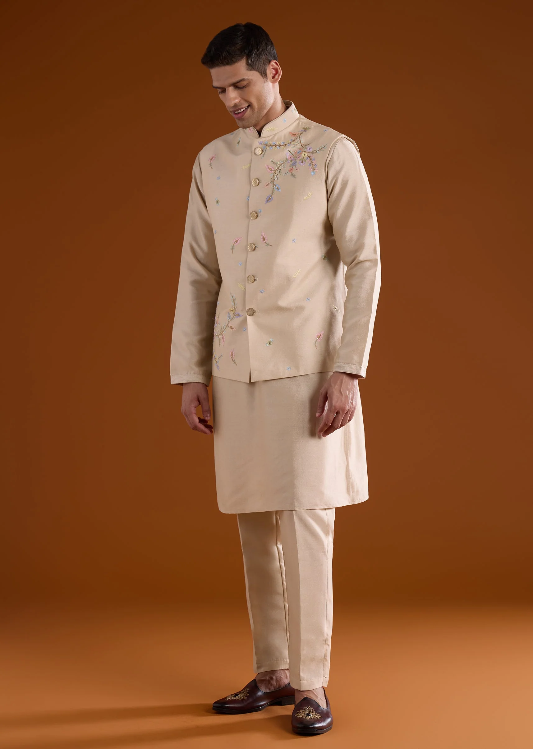 Beige Silk Mens Kurta Jacket Set With Thread And Motif Work - Image 3