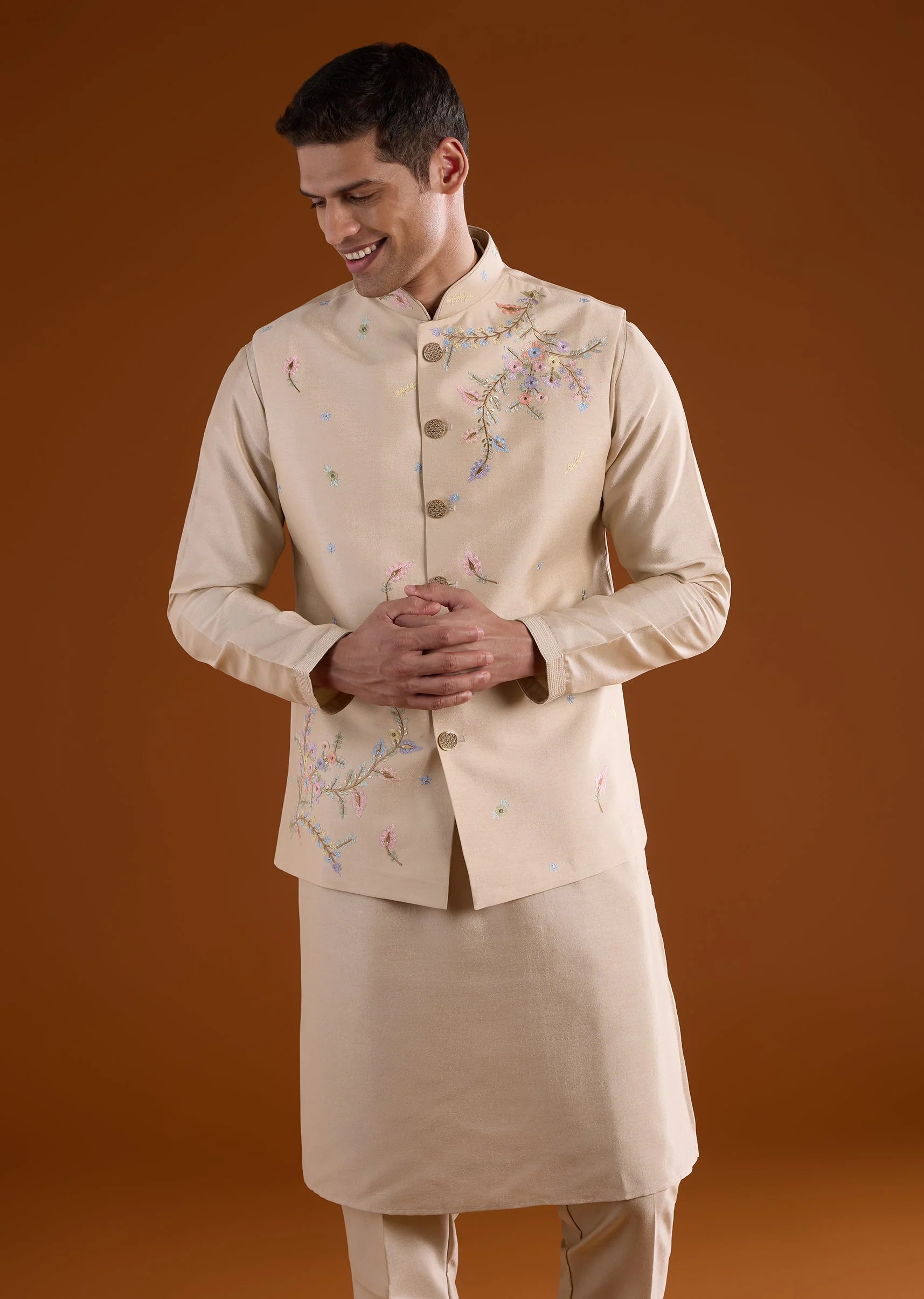 Beige Silk Mens Kurta Jacket Set With Thread And Motif Work - Image 4