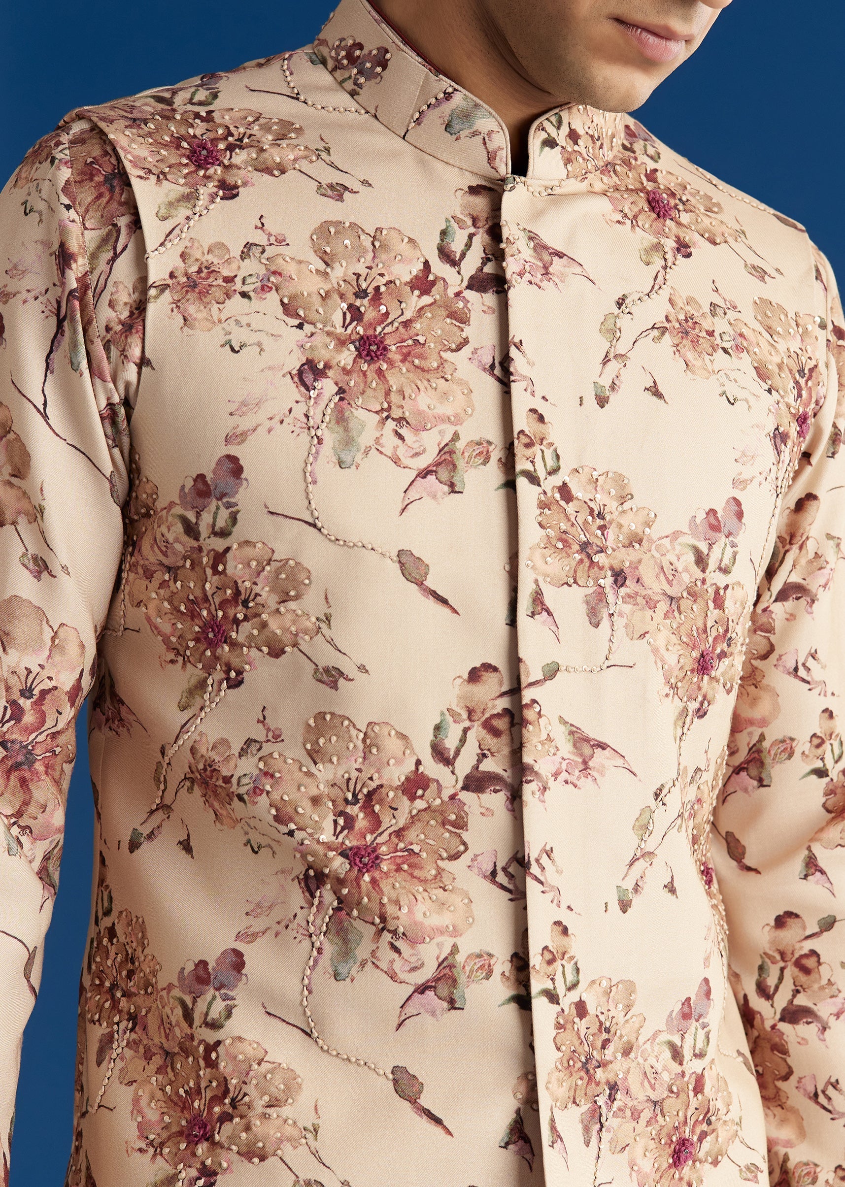 Beige Silk Pashmina Threadwork Kurta Jacket Set With Sequins - Image 3