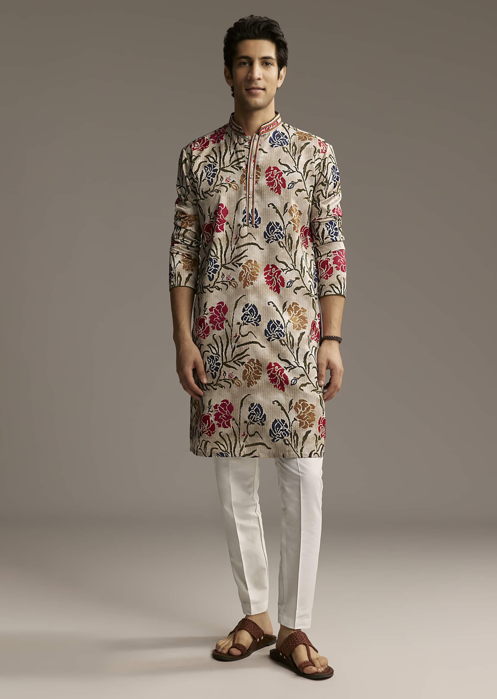 Beige Silk Printed Designer Kurta For Men With Floral Print - Image 2