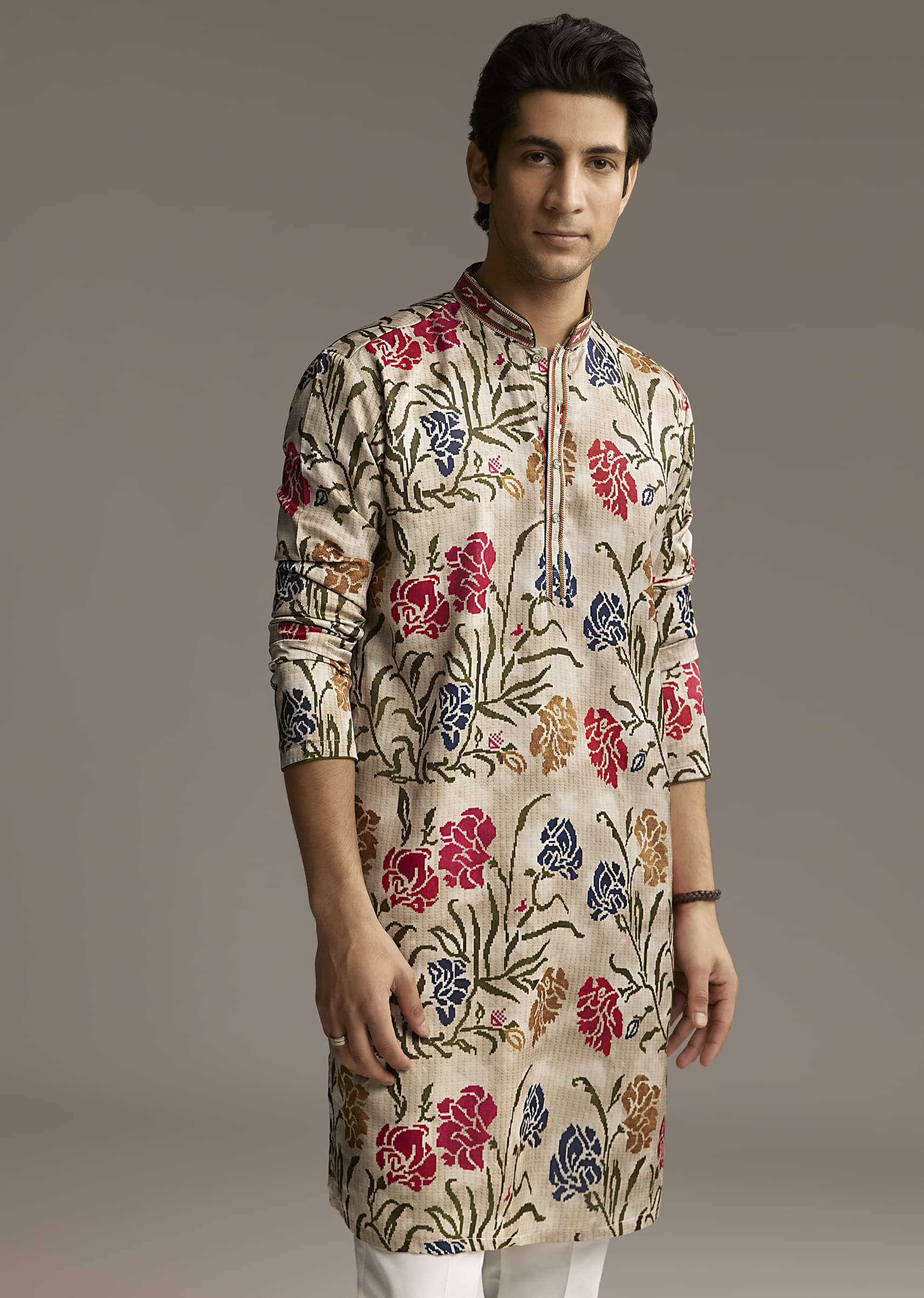 Beige Silk Printed Designer Kurta For Men With Floral Print - Image 7