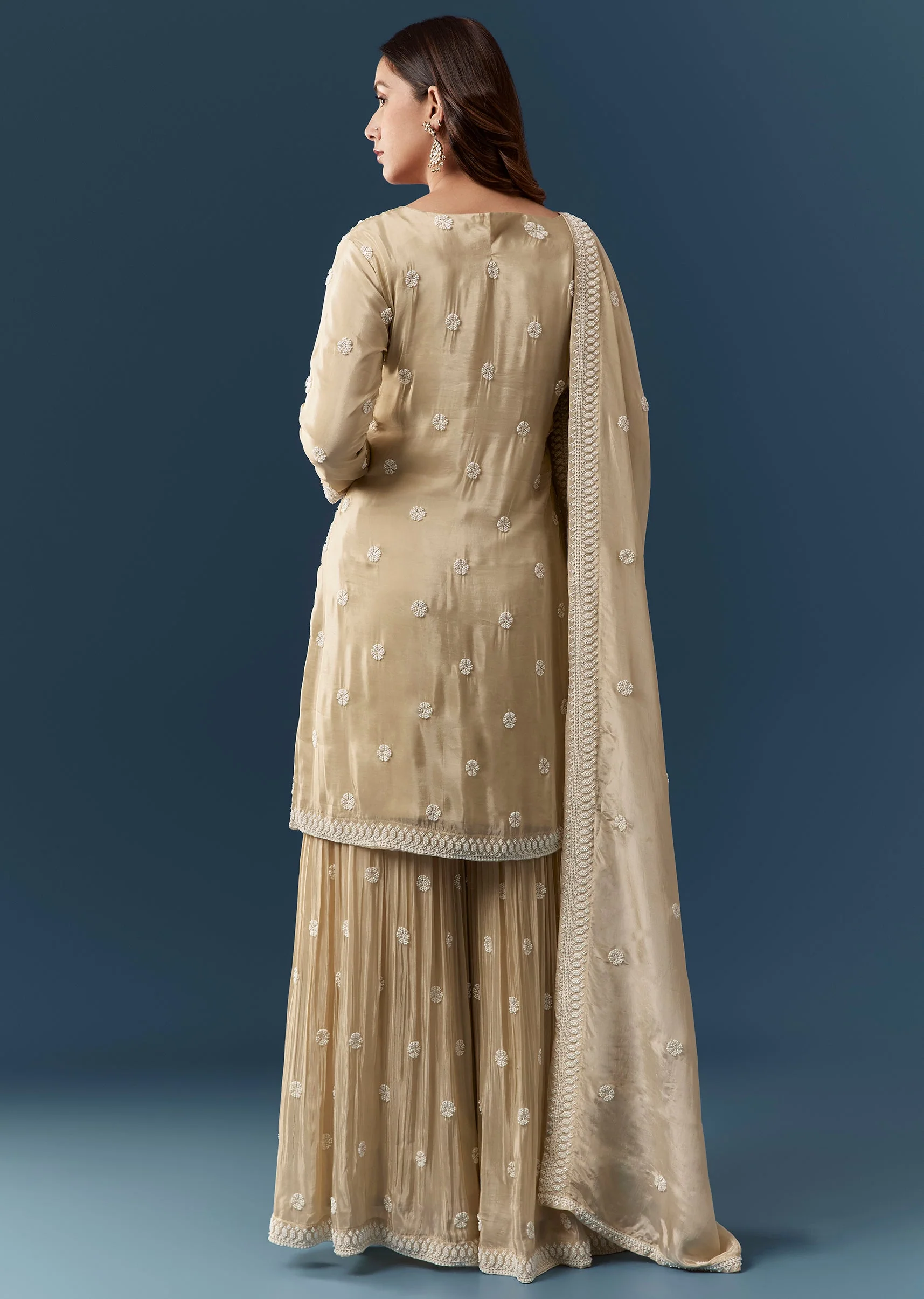 Beige Silk Resham Work Kurta Sharara Set - Image 5