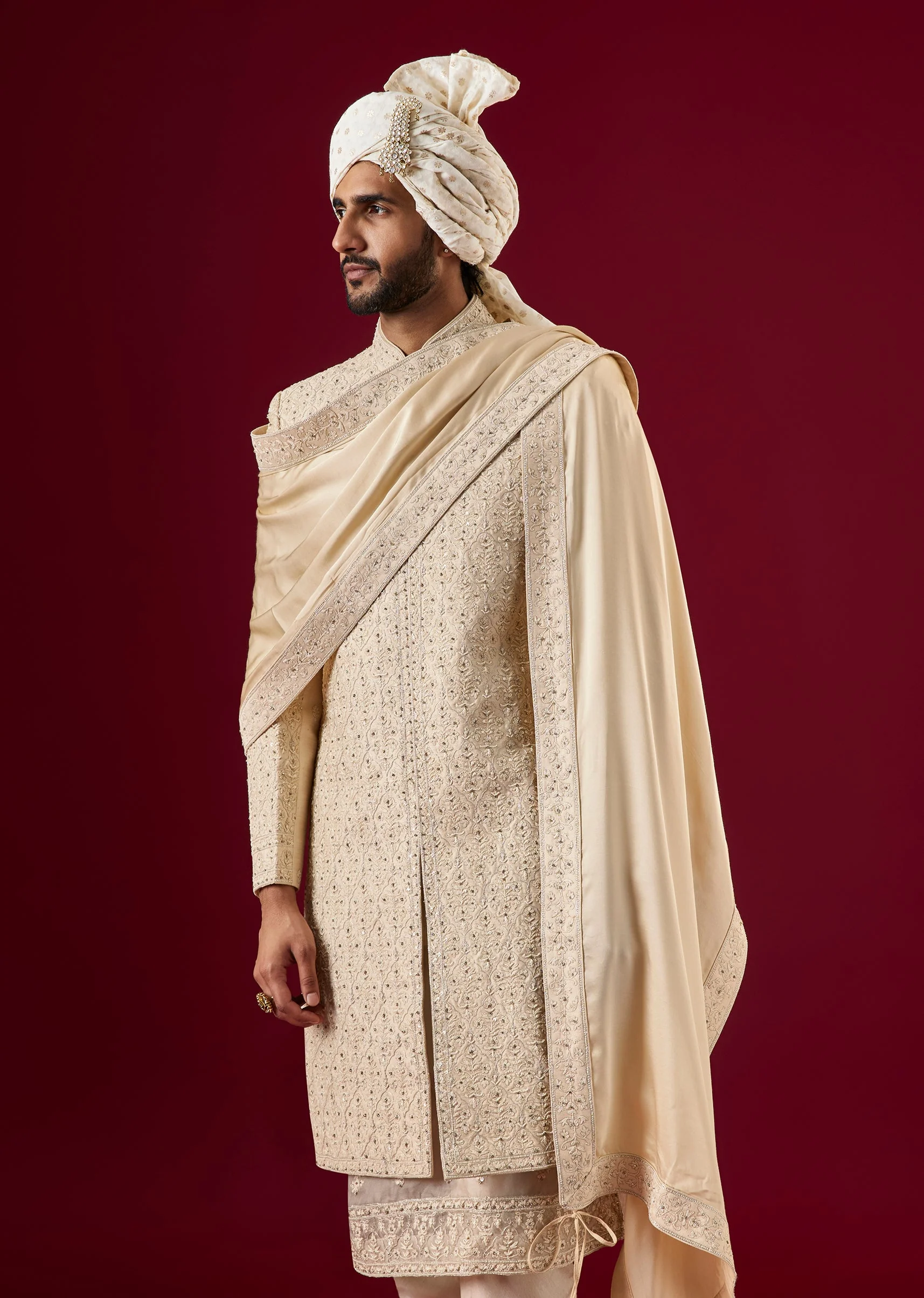 Beige Silk Sherwani Set With Aari And Dori Work - Image 2