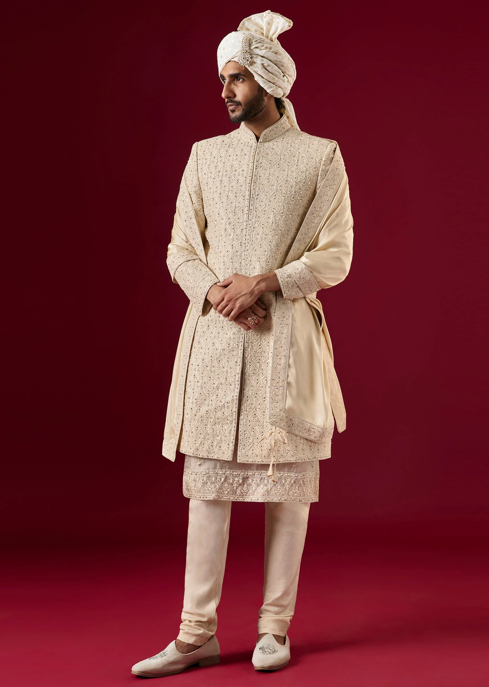 Beige Silk Sherwani Set With Aari And Dori Work - Image 3