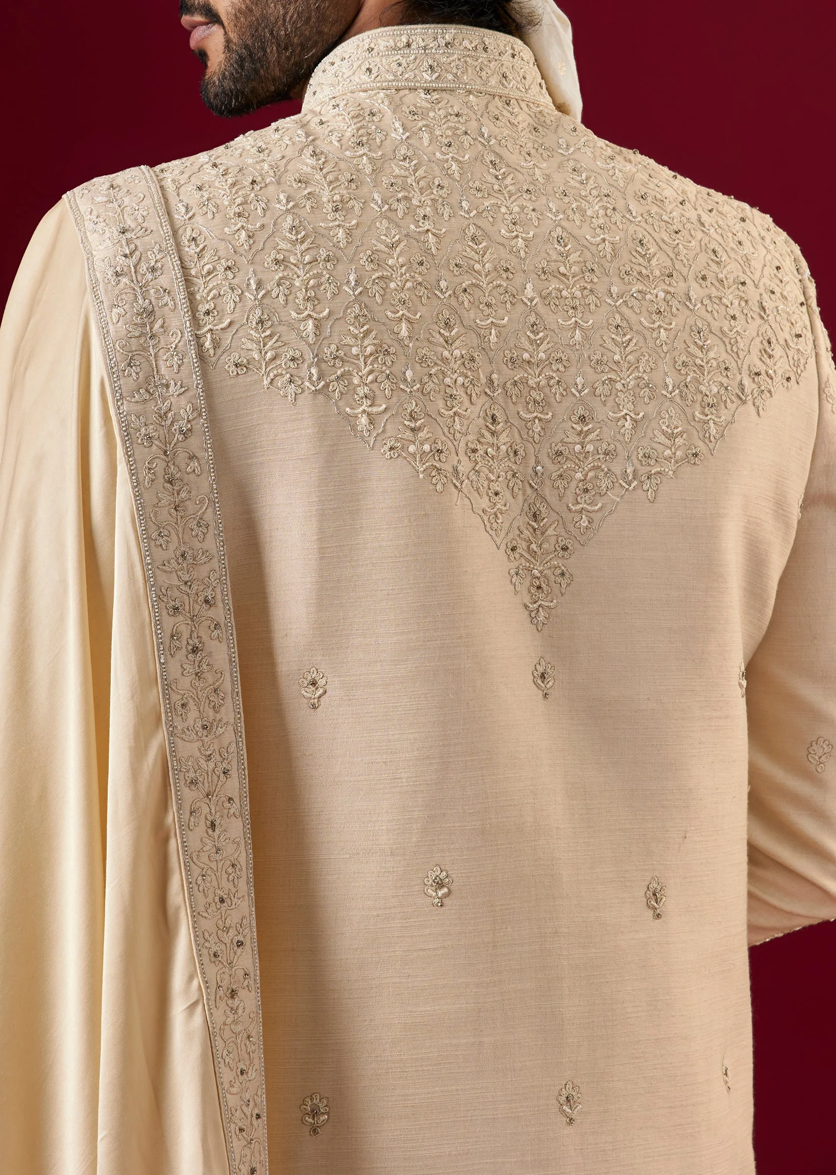 Beige Silk Sherwani Set With Aari And Dori Work - Image 4