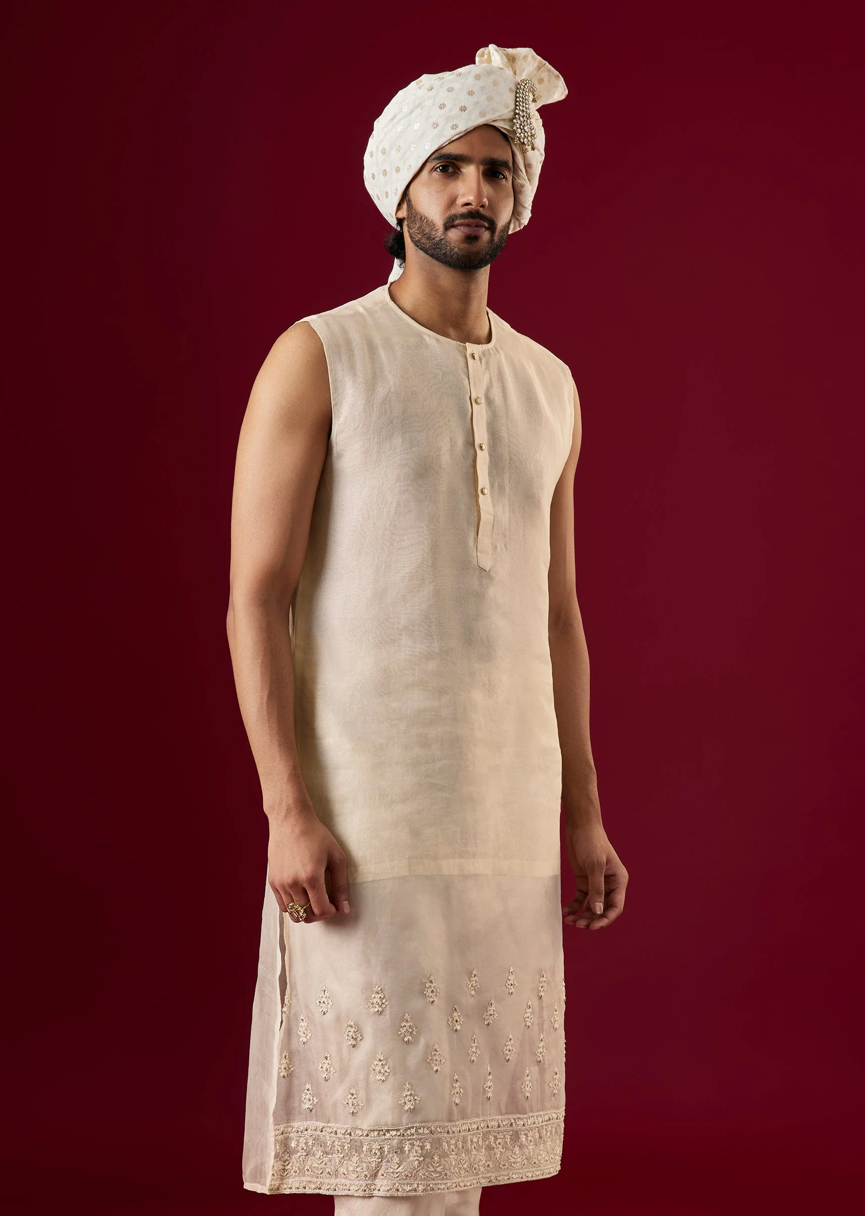 Beige Silk Sherwani Set With Aari And Dori Work - Image 7