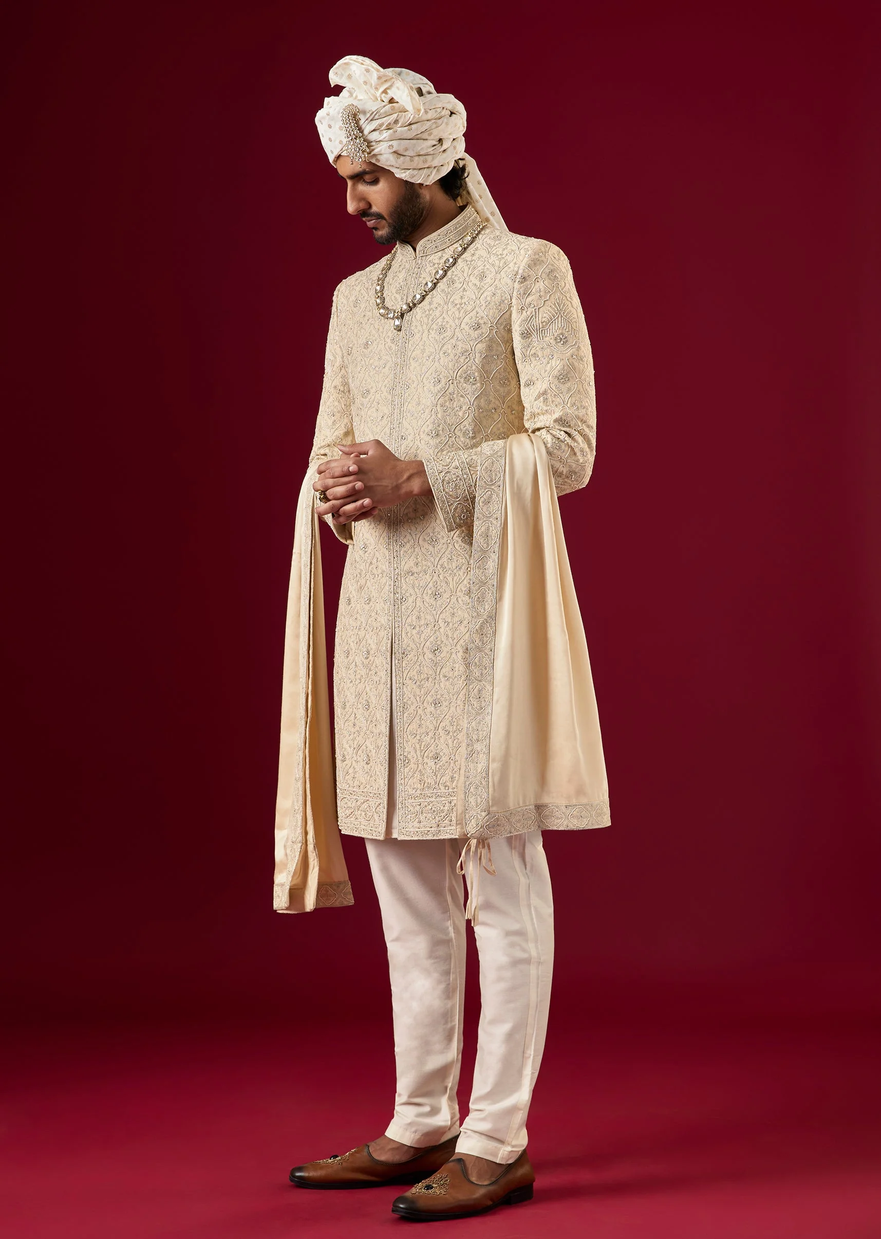 Beige Silk Sherwani Set With Aari And Zardosi Work - Image 3