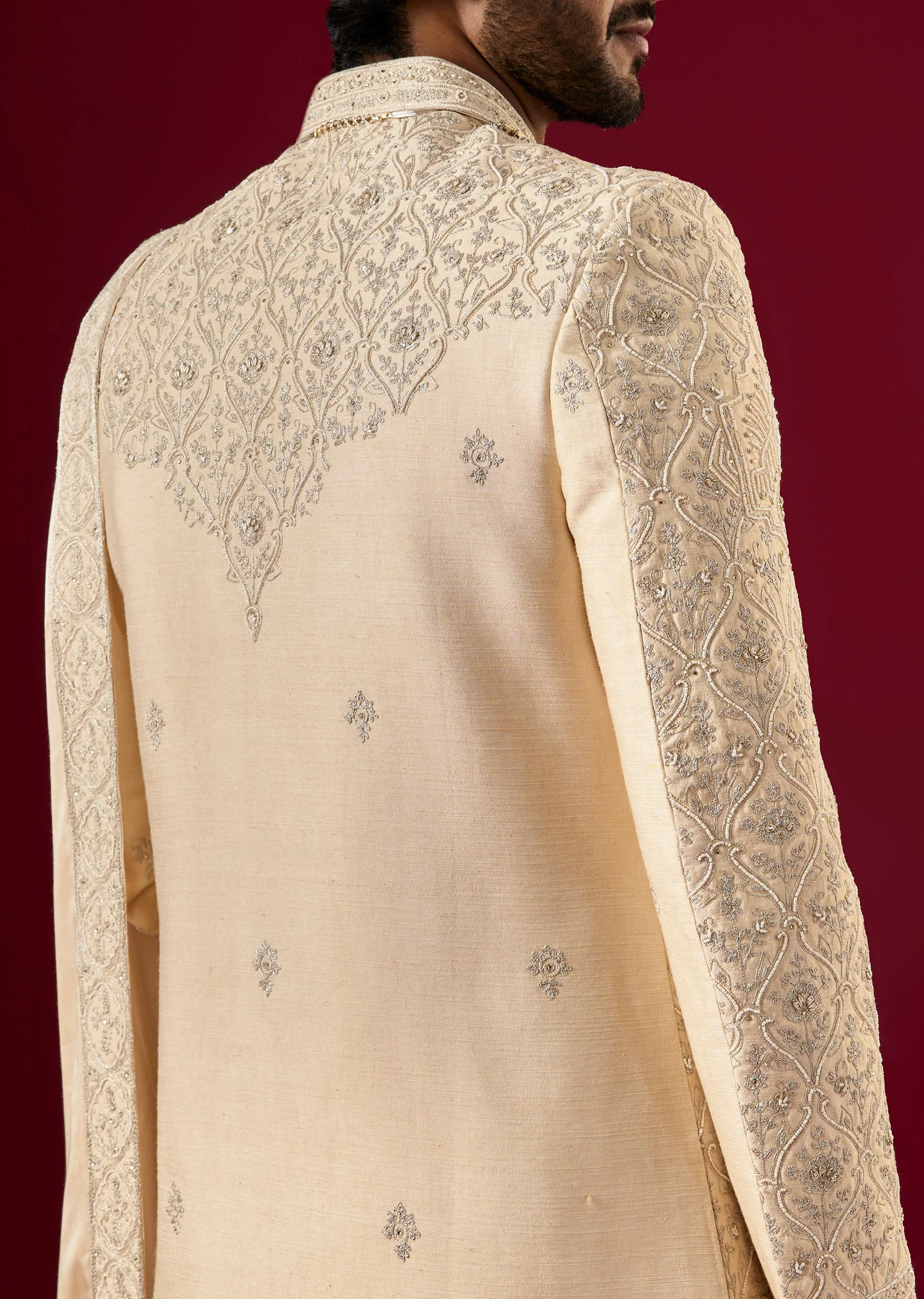 Beige Silk Sherwani Set With Aari And Zardosi Work - Image 4