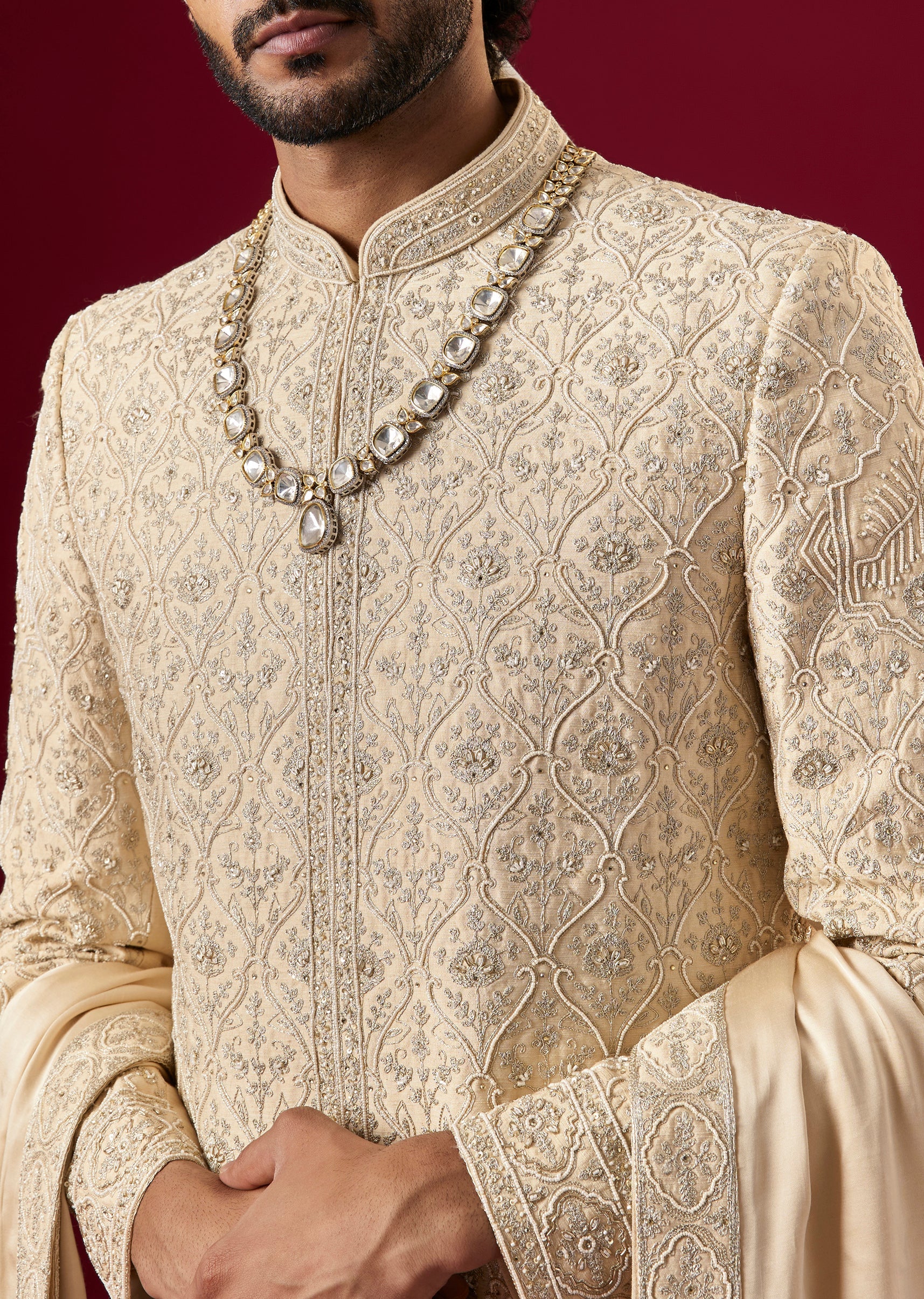 Beige Silk Sherwani Set With Aari And Zardosi Work - Image 5
