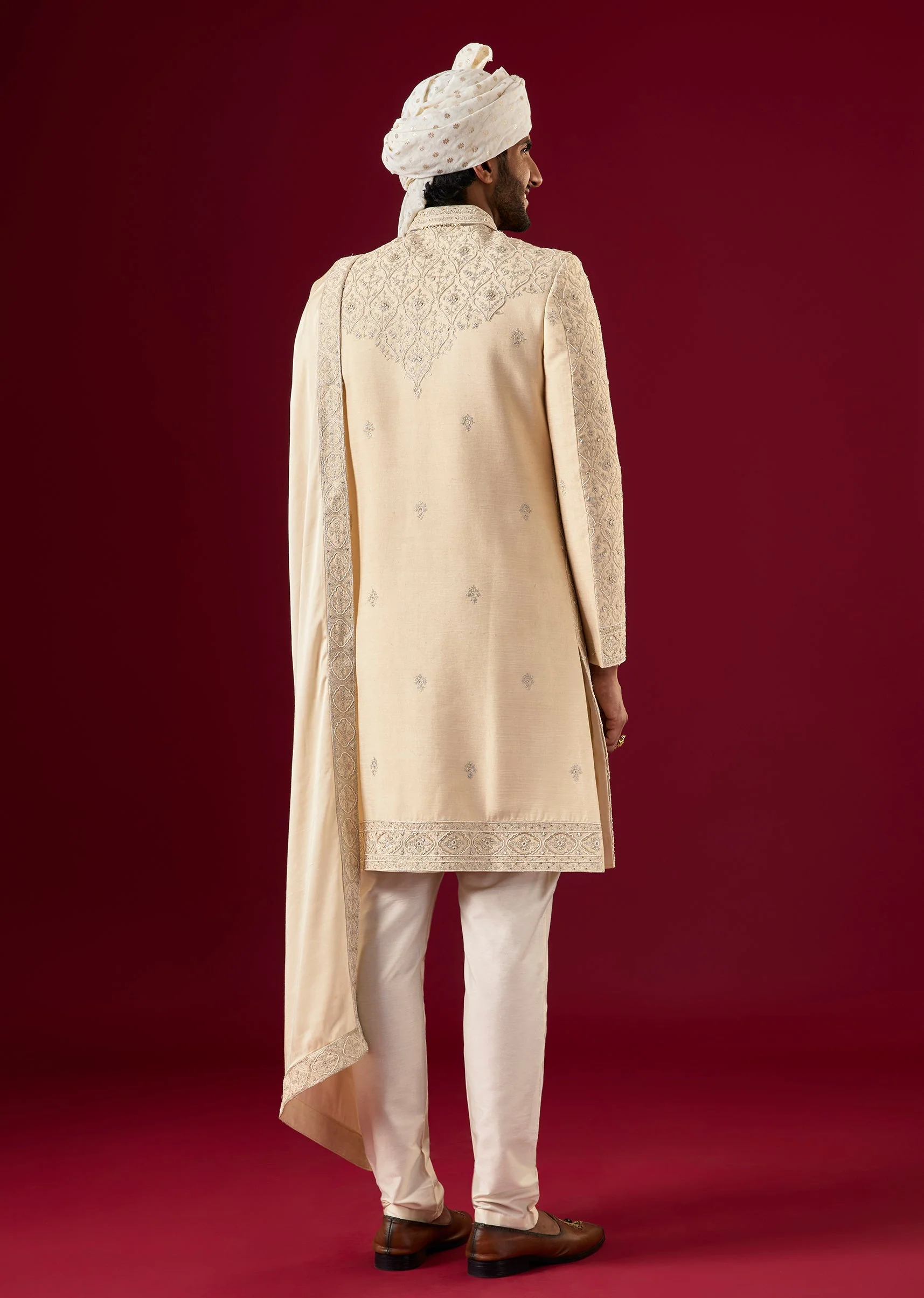 Beige Silk Sherwani Set With Aari And Zardosi Work - Image 6