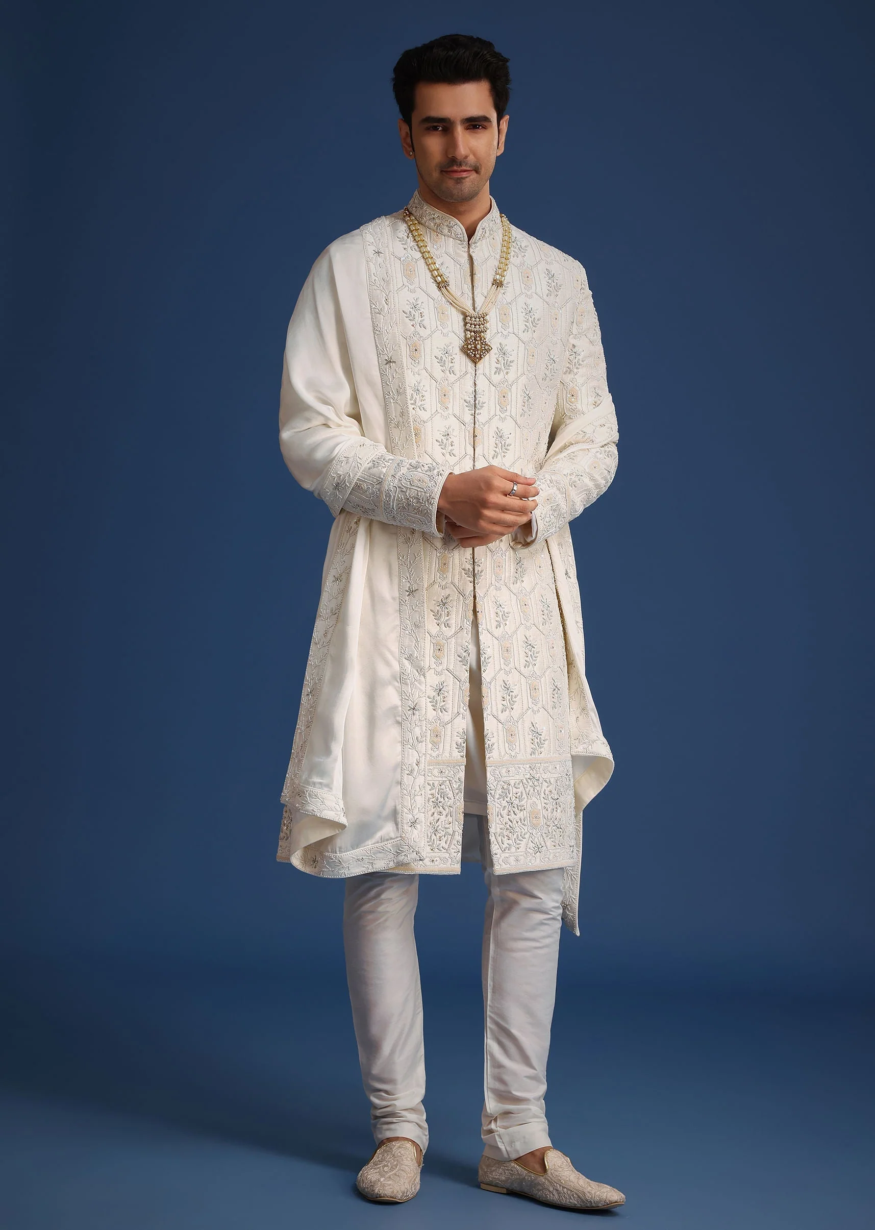 Beige Silk Sherwani Set With Mala And Dupatta - Image 3