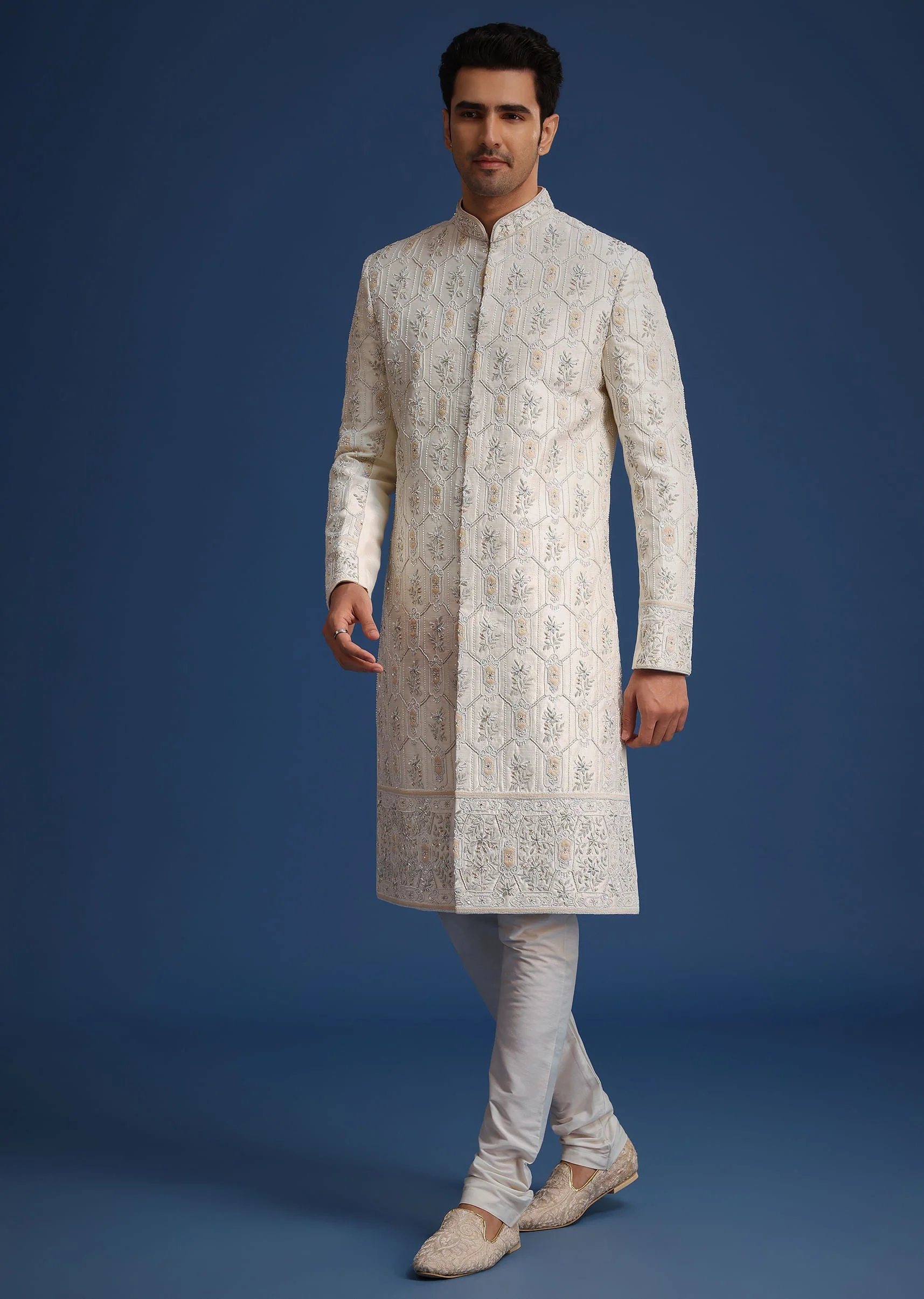 Beige Silk Sherwani Set With Mala And Dupatta - Image 6