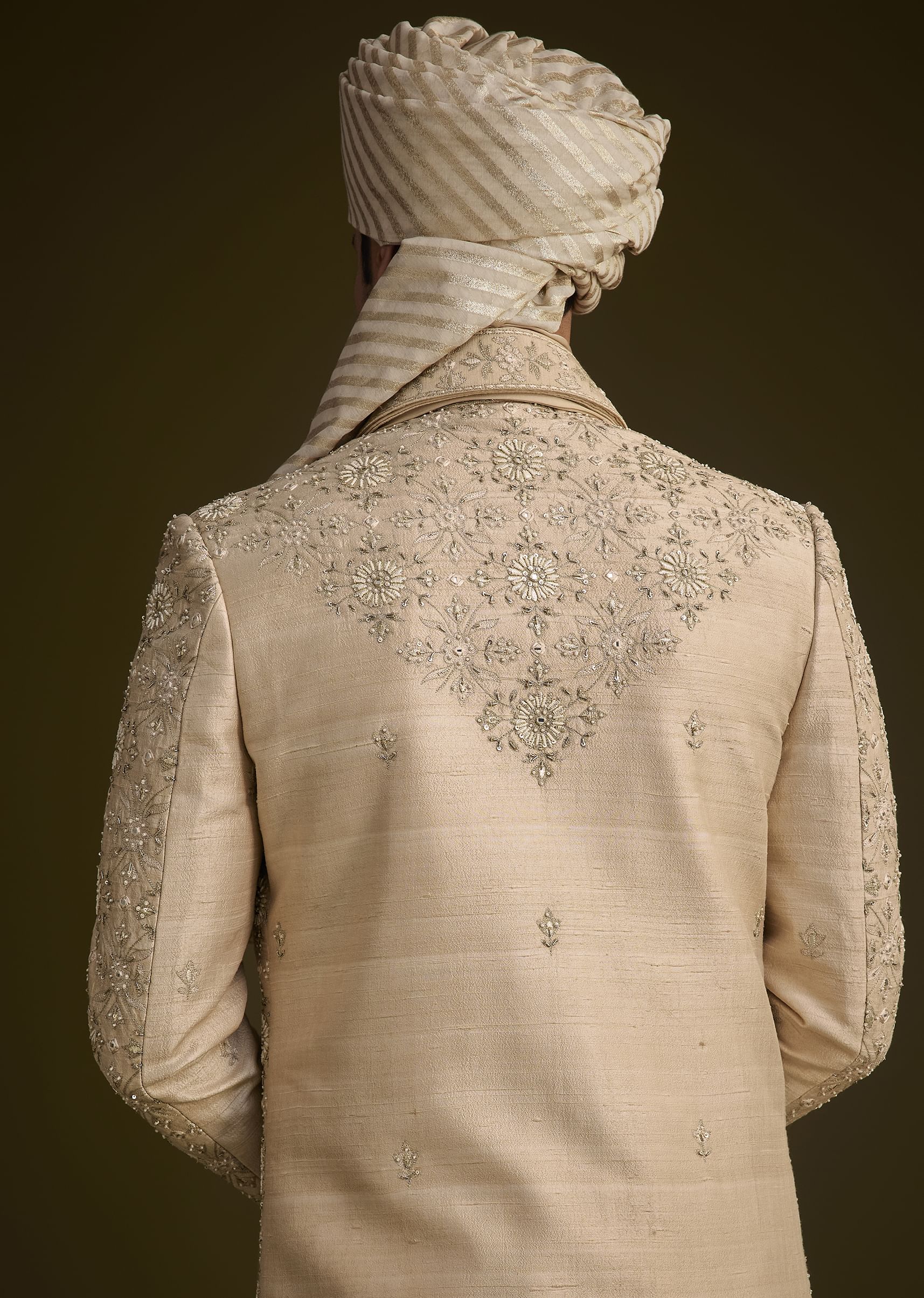 Beige Silk Sherwani Set With Zardosi Embroidery And Anarkali Kurta - Image 3